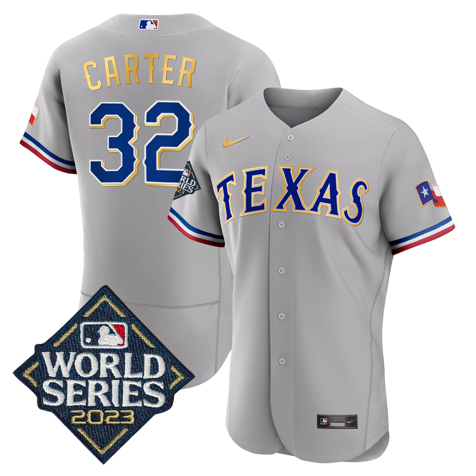 Evan Carter Men's Texas Rangers 2023 World Series Flex Base Gold Trim Gray Jersey - All Stitched