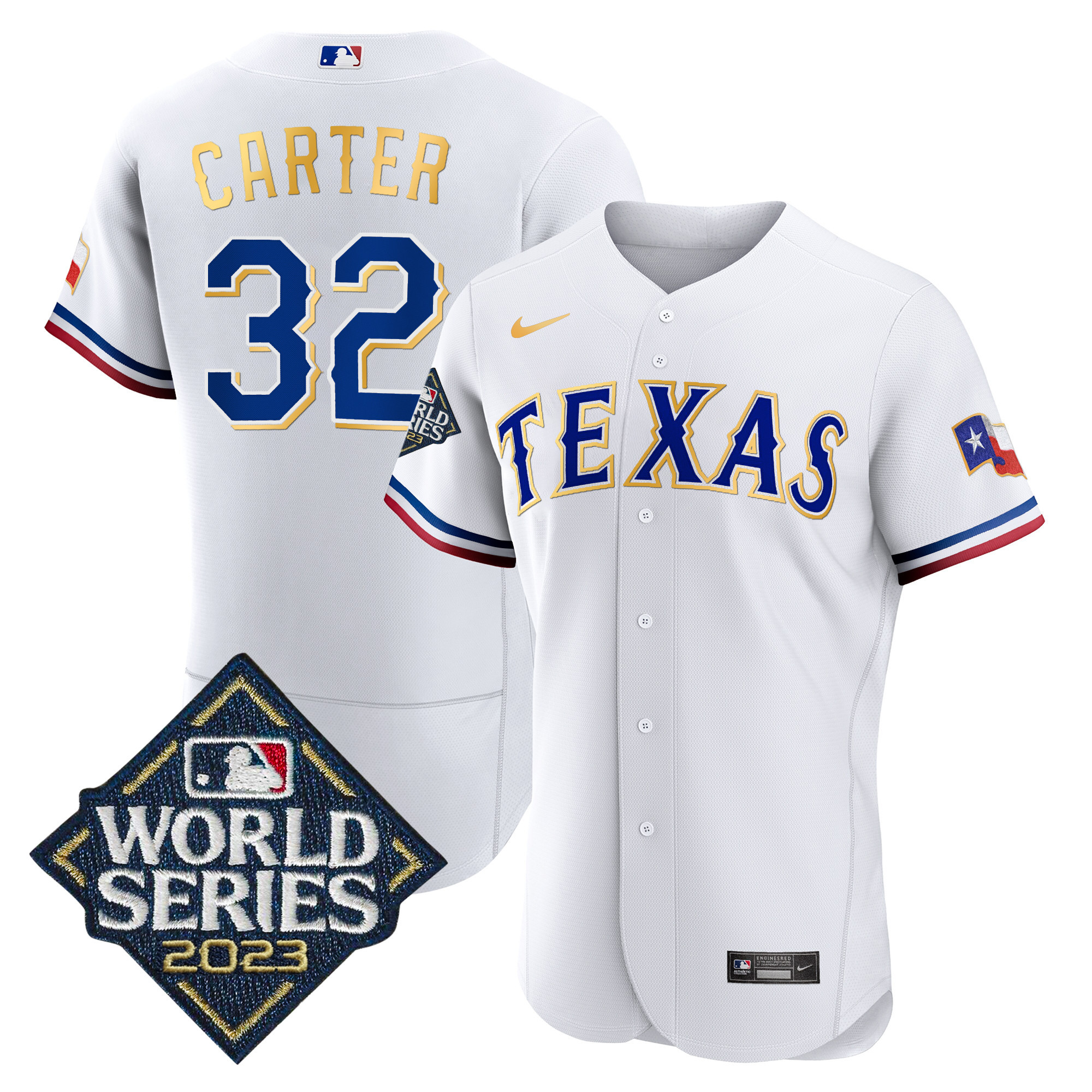 Evan Carter Men's Texas Rangers 2023 World Series Flex Base Gold Trim White Jersey - All Stitched
