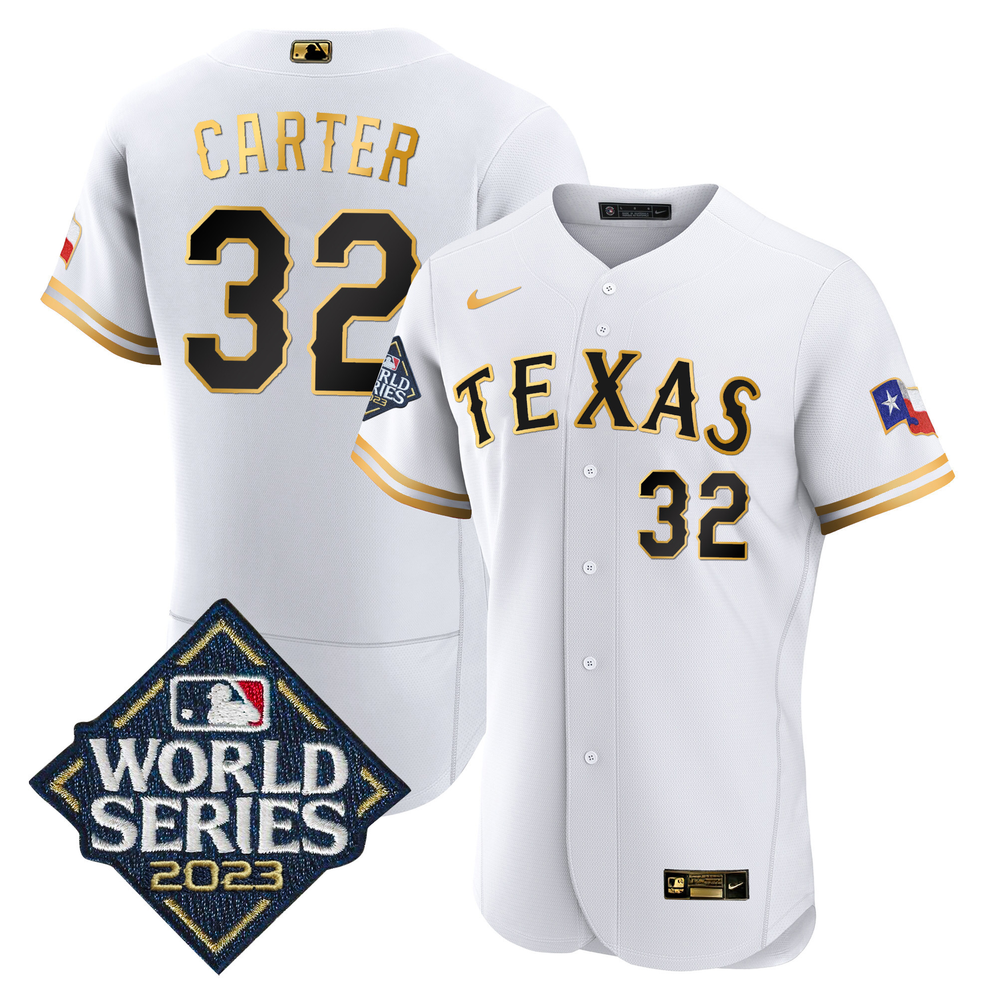 Evan Carter Men's Texas Rangers 2023 World Series Flex Base White Gold Jersey - All Stitched