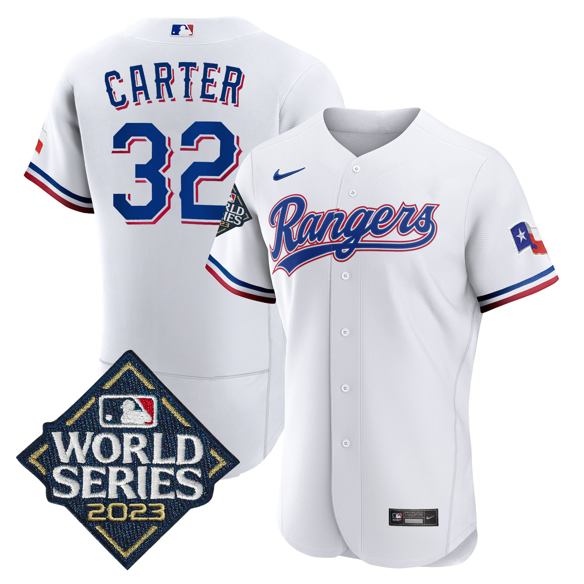 Evan Carter Men's Texas Rangers 2023 World Series Flex Base White Jersey - All Stitched