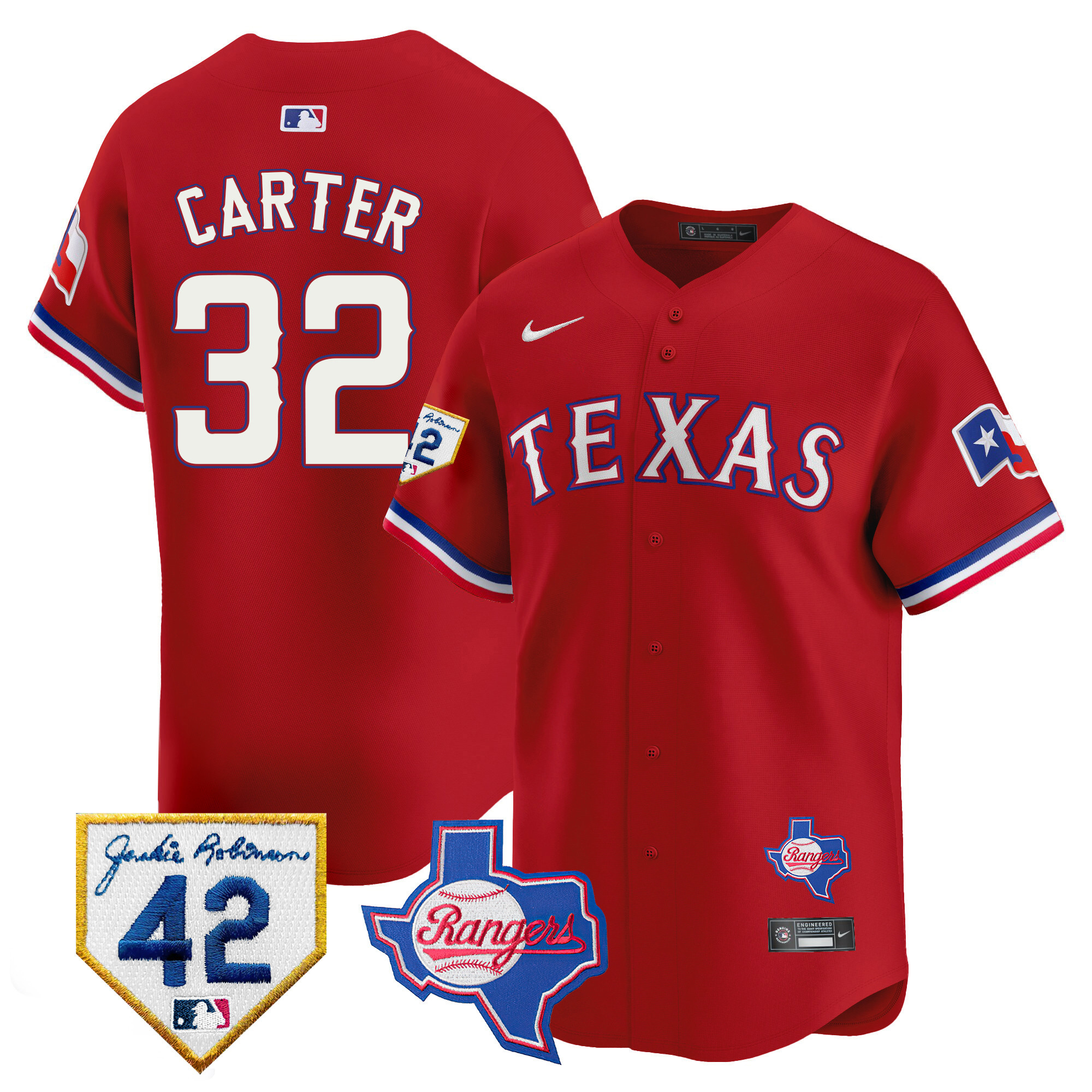 Evan Carter Men's Texas Rangers 2024 Jackie Robinson Patch Vapor Premier Limited Red Jersey - All Stitched