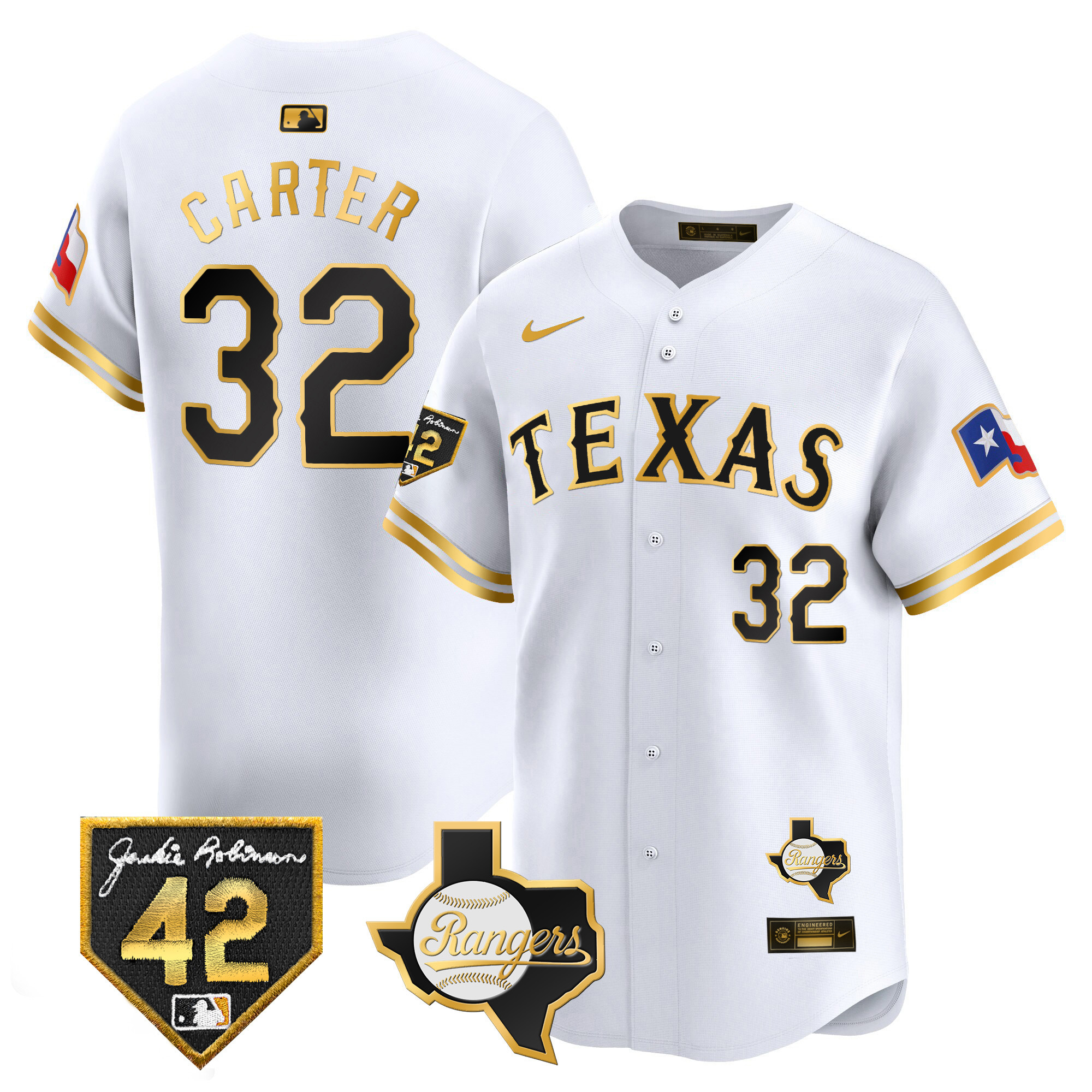 Evan Carter Men's Texas Rangers 2024 Jackie Robinson Patch Vapor Premier Limited White Gold Jersey - All Stitched