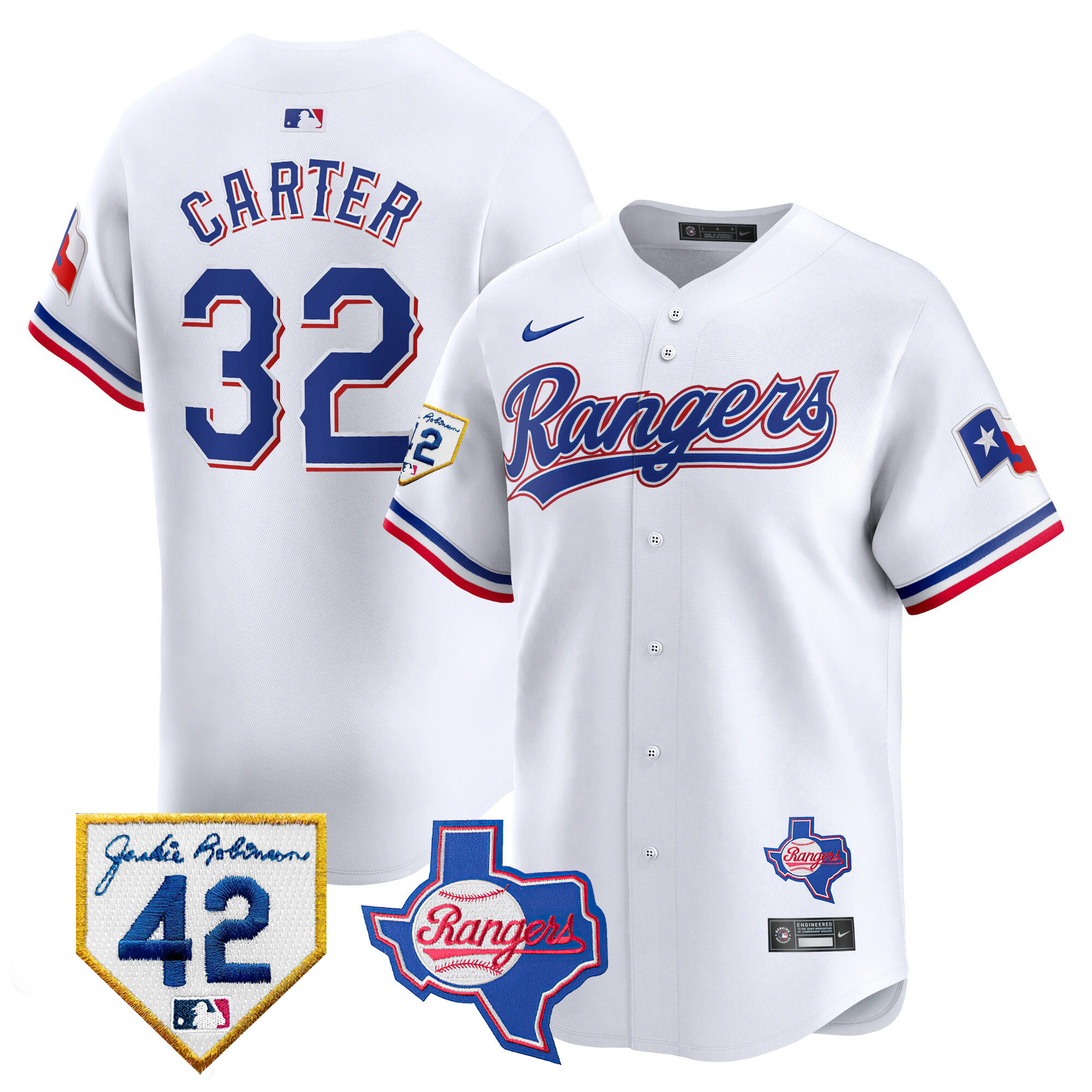 Evan Carter Men's Texas Rangers 2024 Jackie Robinson Patch Vapor Premier Limited White Jersey - All Stitched