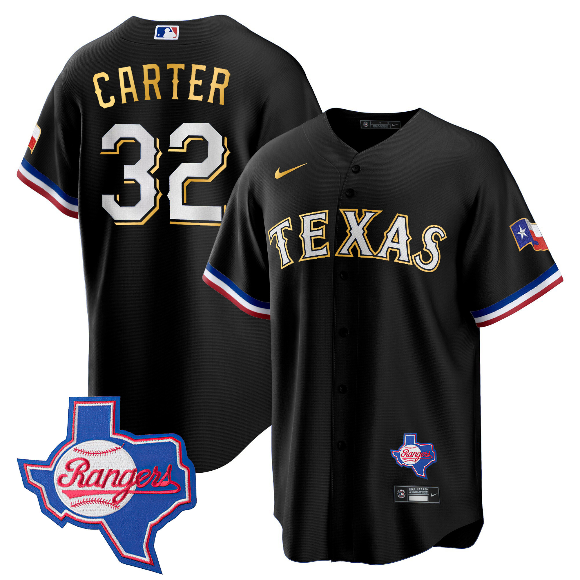 Evan Carter Men's Texas Rangers Gold Trim Cool Base - Texas Patch Black Jersey - All Stitched
