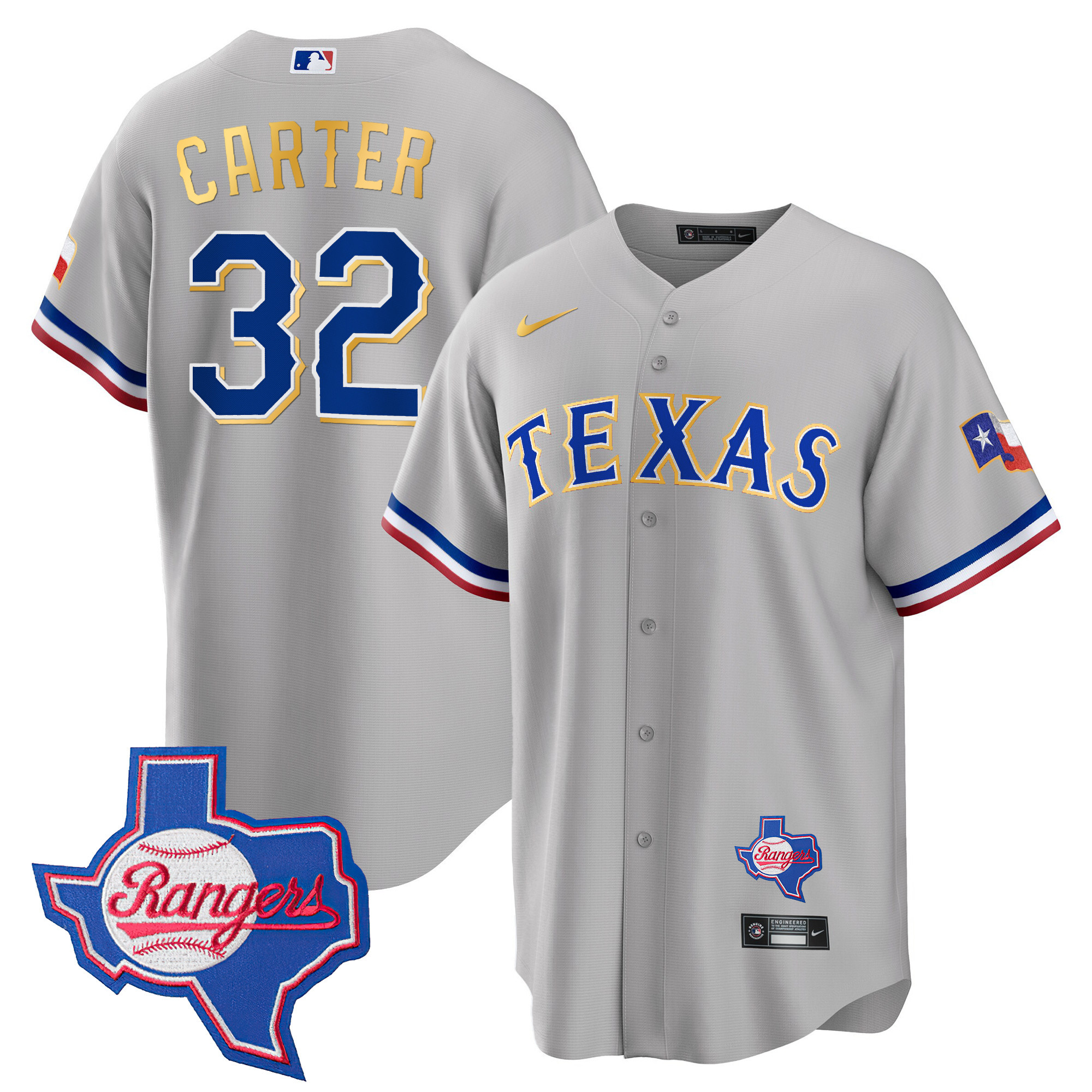 Evan Carter Men's Texas Rangers Gold Trim Cool Base - Texas Patch Gray Jersey - All Stitched