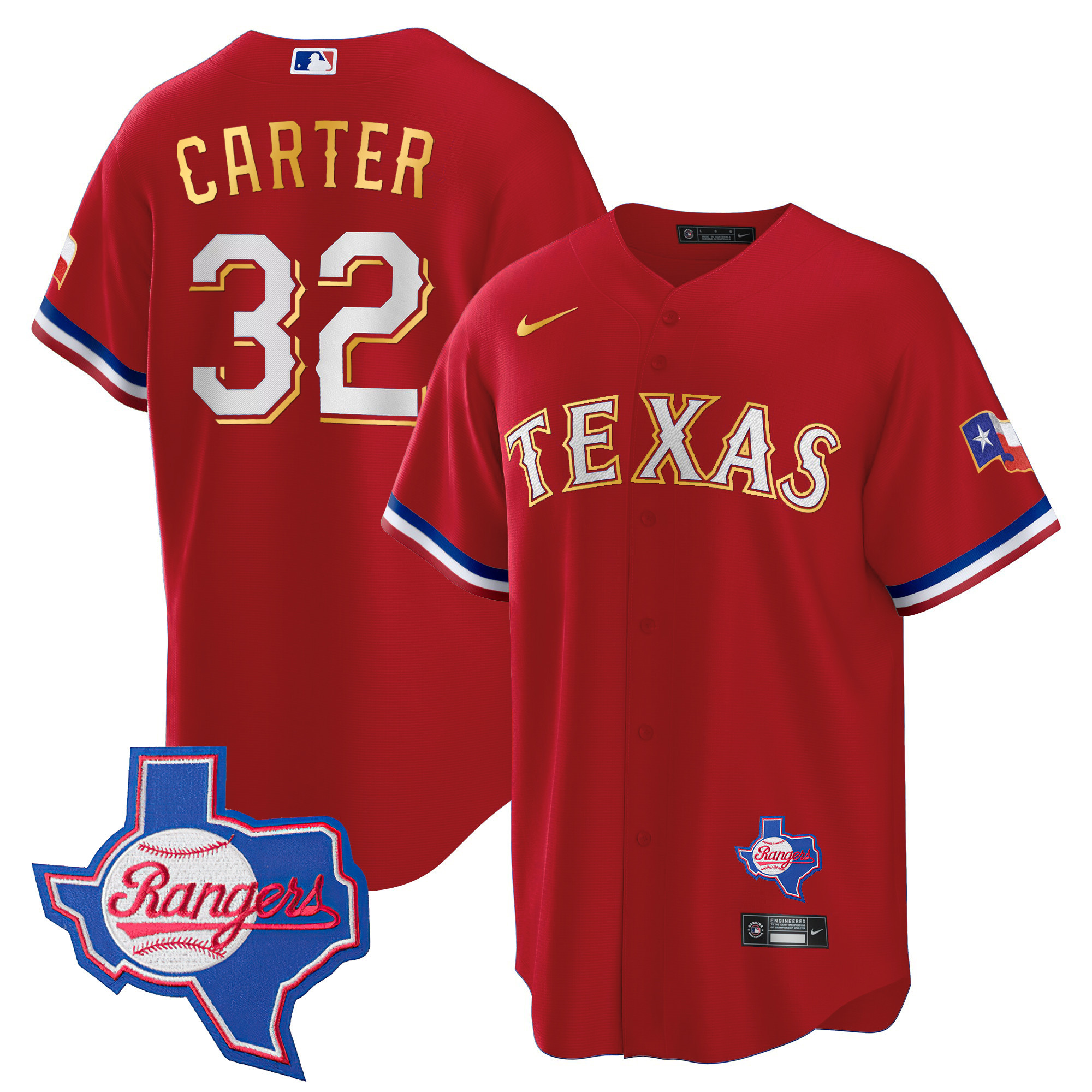 Evan Carter Men's Texas Rangers Gold Trim Cool Base - Texas Patch Red Jersey - All Stitched