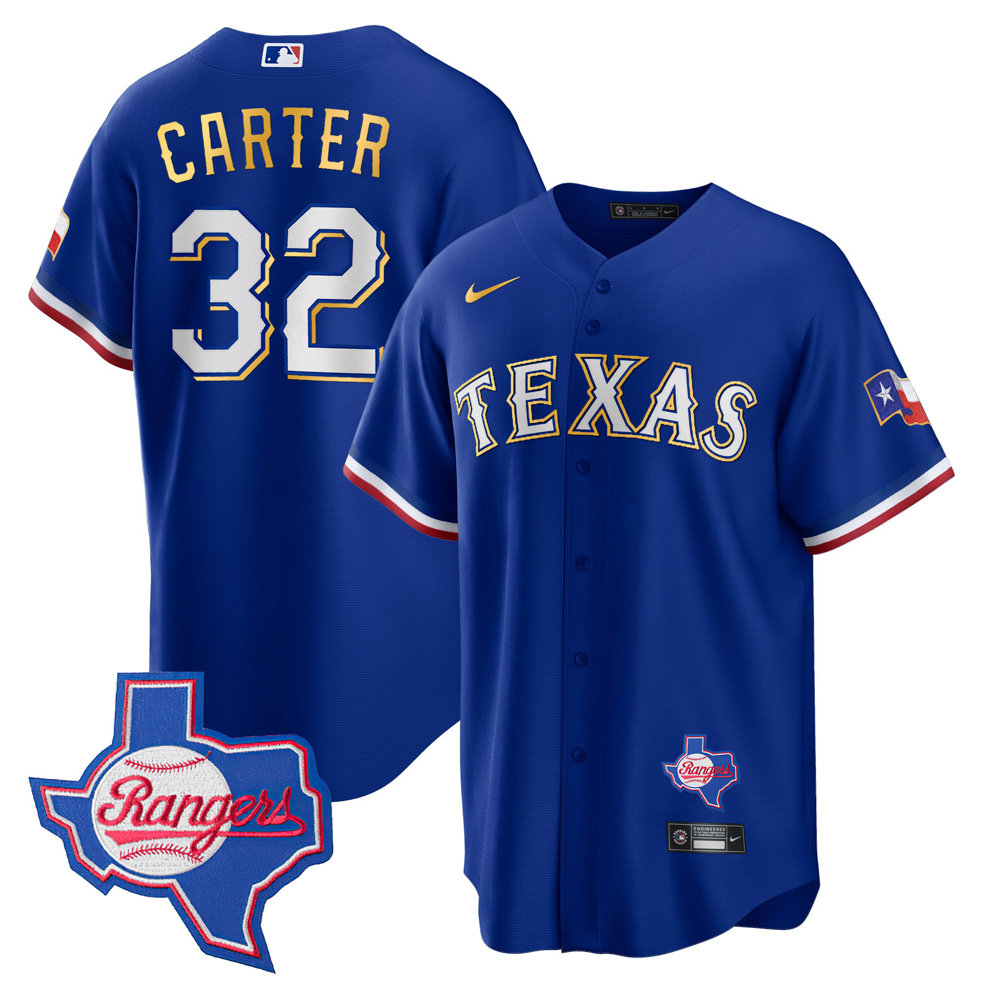 Evan Carter Men's Texas Rangers Gold Trim Cool Base - Texas Patch Royal Jersey - All Stitched