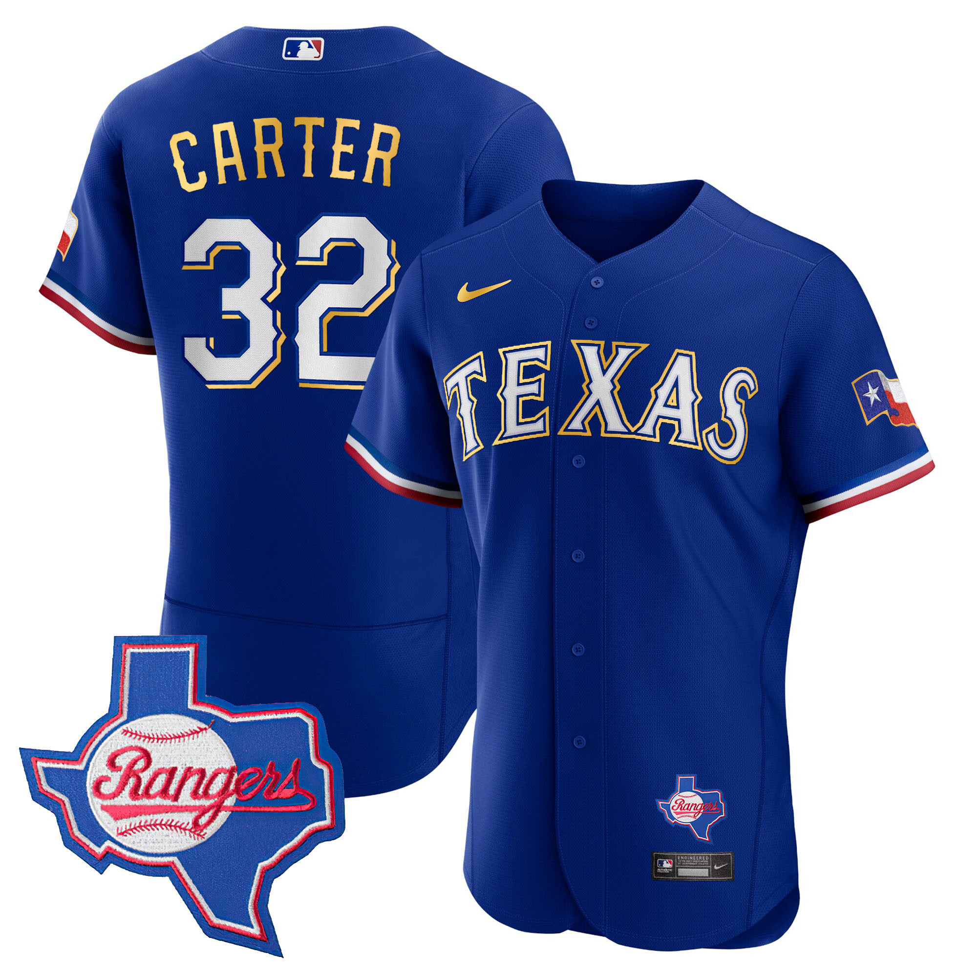 Evan Carter Men's Texas Rangers Gold Trim Flex Base - Texas Patch Royal Jersey - All Stitched