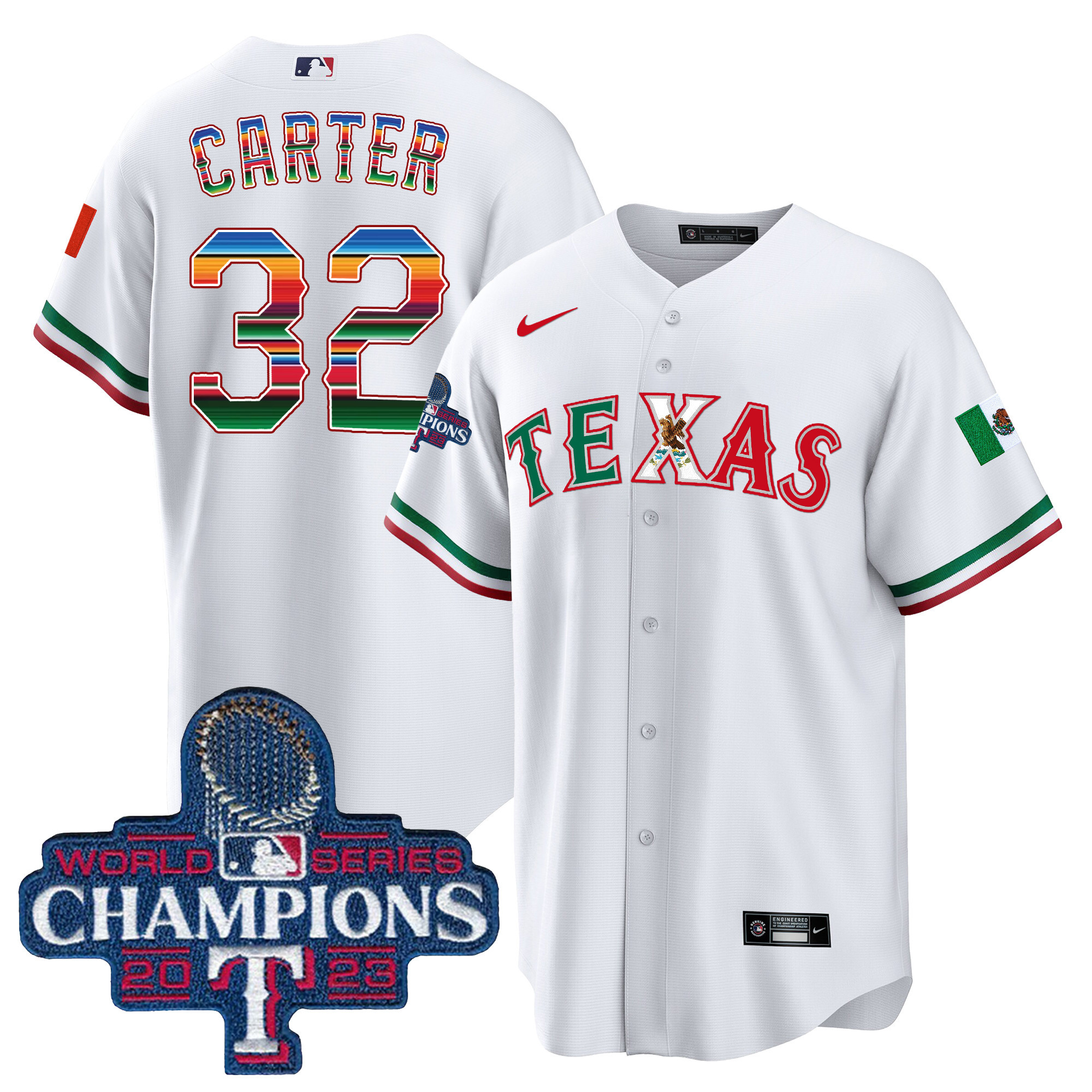 Evan Carter Men's Texas Rangers Mexico 2023 World Series Champions Baseball V2 White Jersey - All Stitched