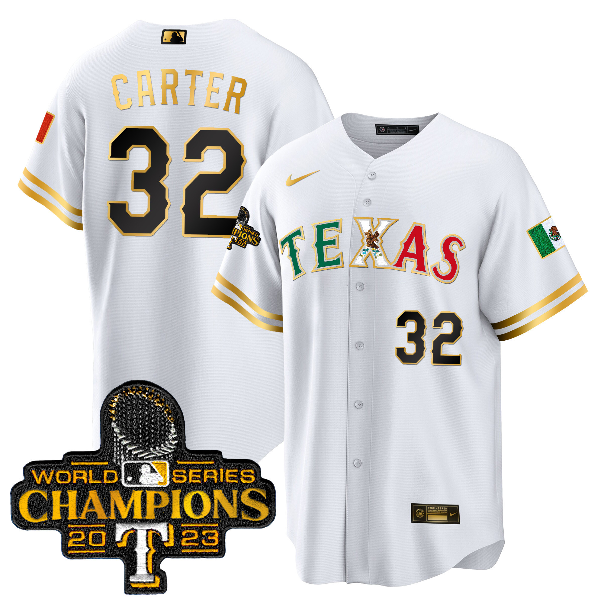 Evan Carter Men's Texas Rangers Mexico 2023 World Series Champions Baseball White Gold Jersey - All Stitched