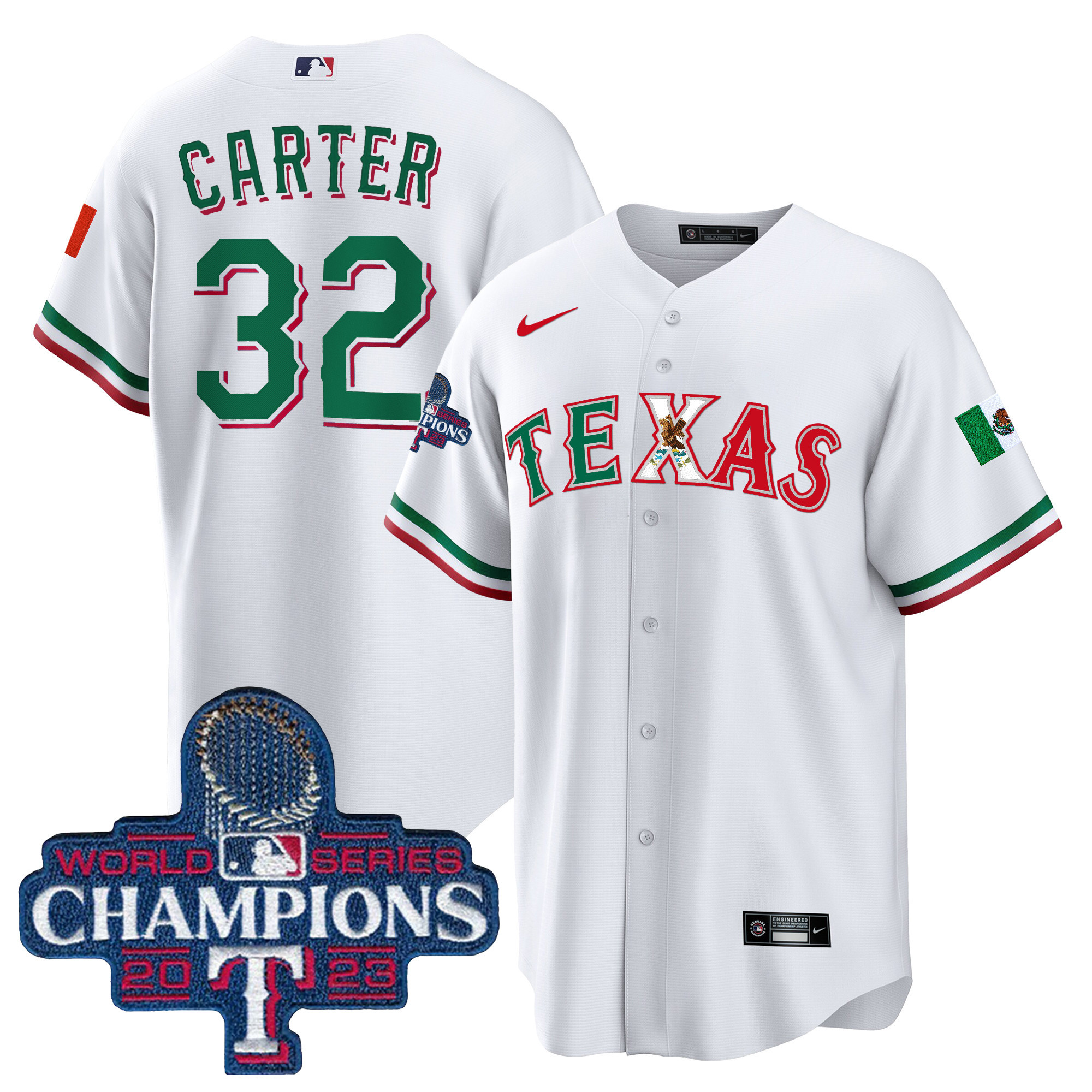 Evan Carter Men's Texas Rangers Mexico 2023 World Series Champions Baseball White Jersey - All Stitched