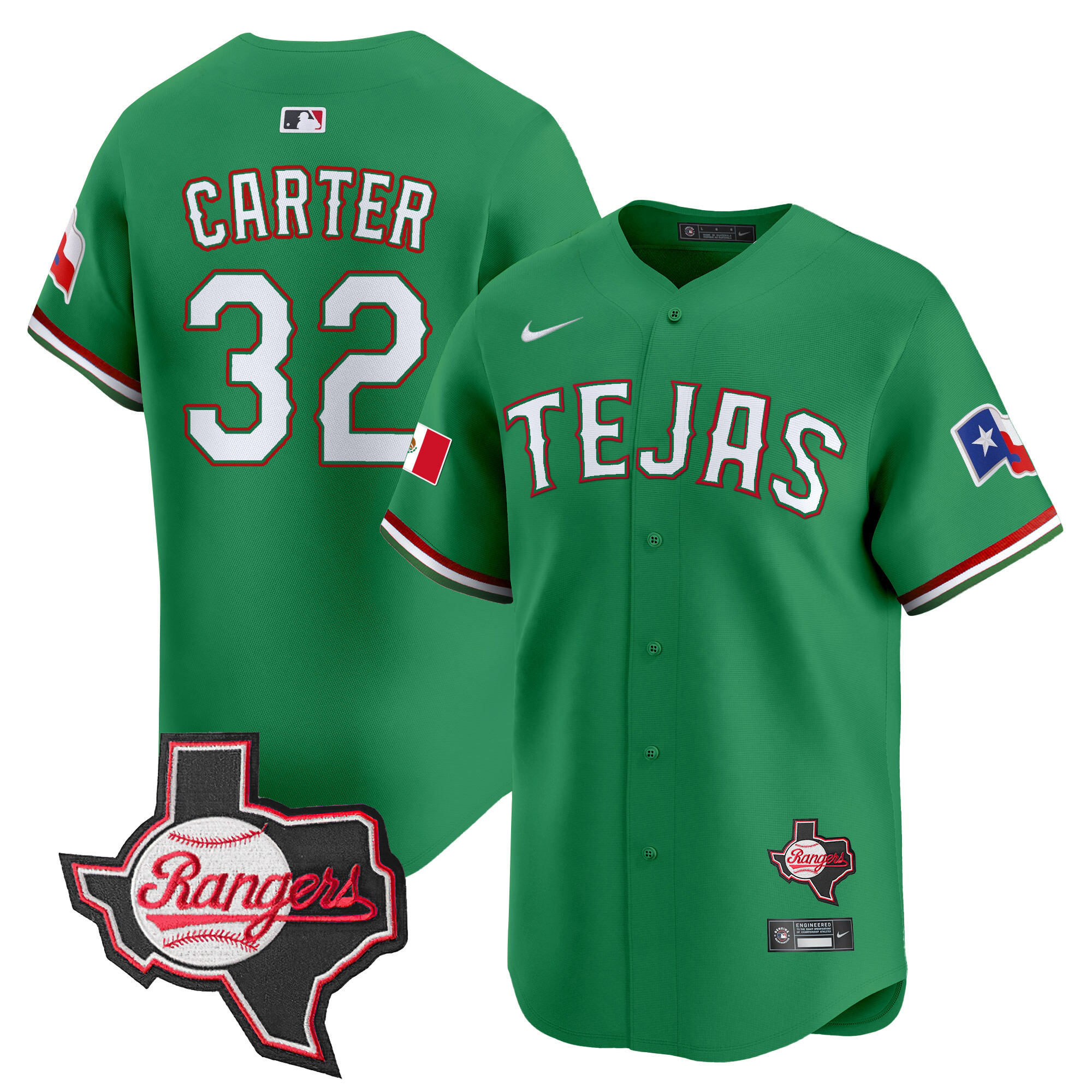 Evan Carter Men's Texas Rangers Mexico Texas Patch Vapor Premier Limited Green Jersey - All Stitched