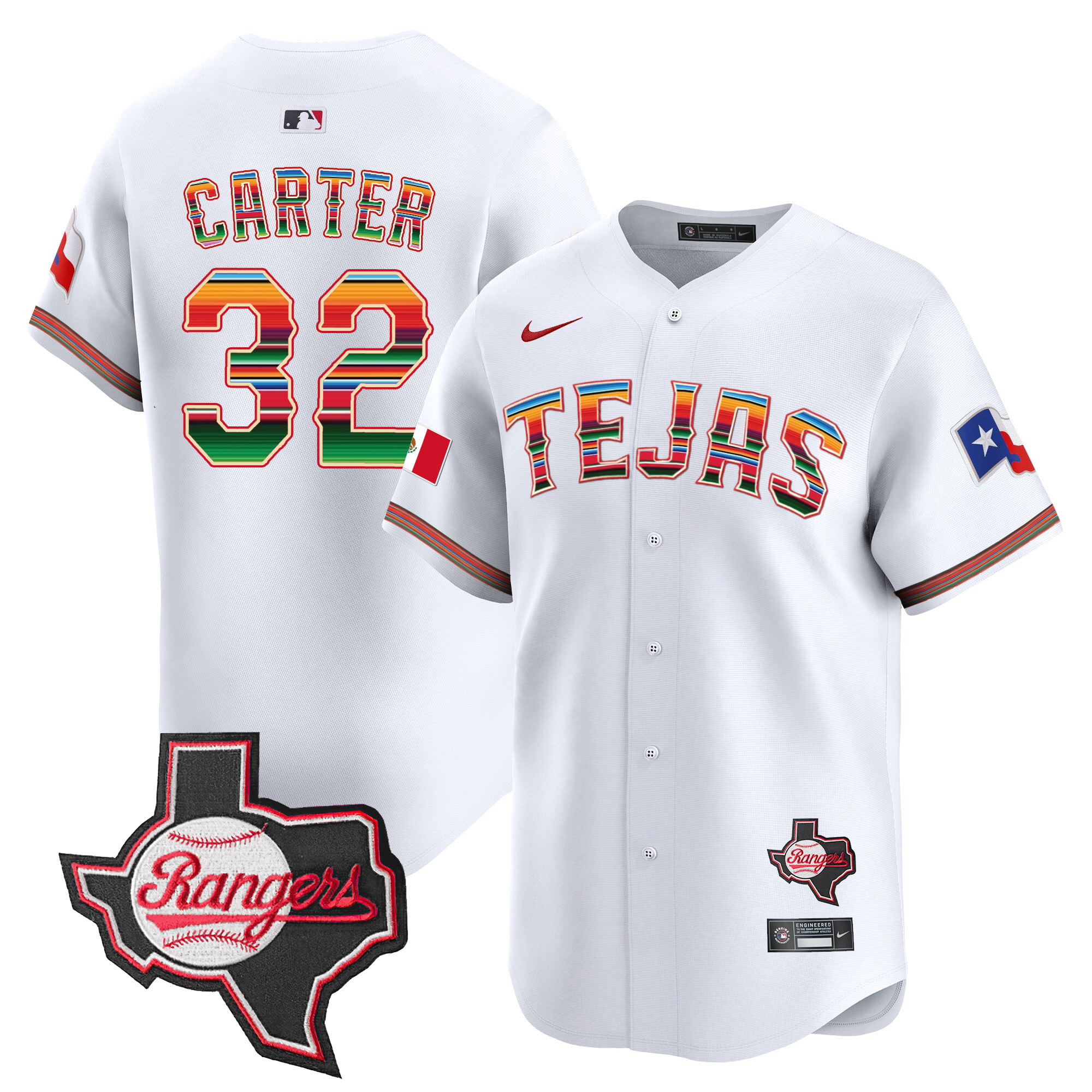 Evan Carter Men's Texas Rangers Mexico Texas Patch Vapor Premier Limited White Jersey - All Stitched