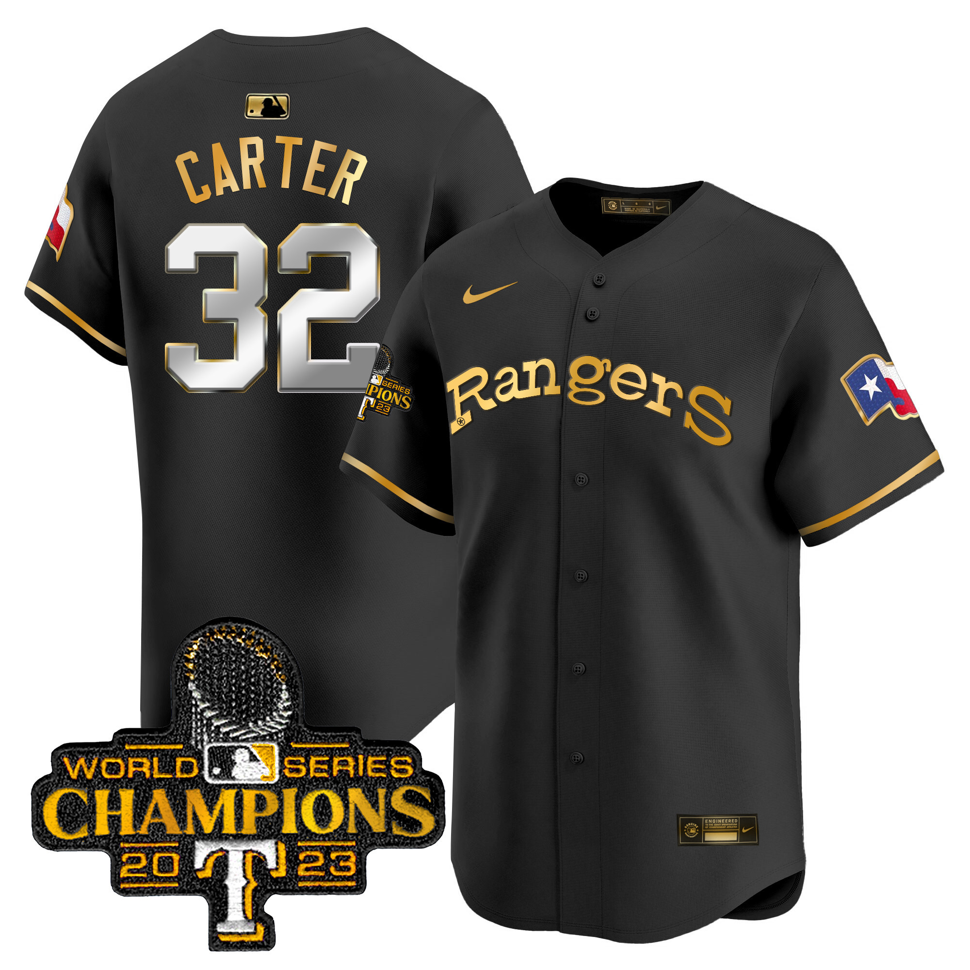 Evan Carter Men's Texas Rangers Throwback 1972 Vapor Premier Limited Black Gold Jersey - All Stitched