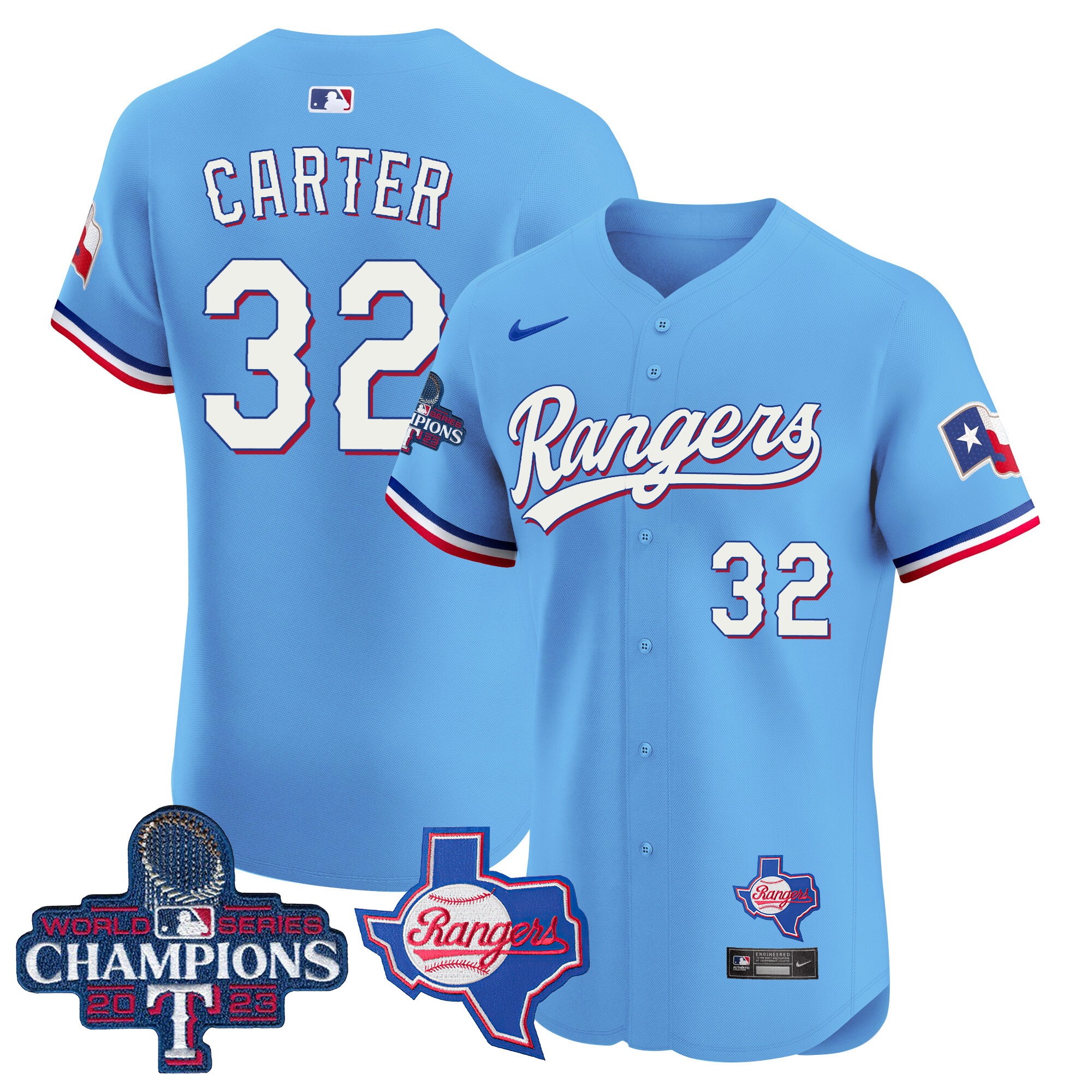 Evan Carter Men's Texas Rangers World Series Champions Vapor Premier Elite V2 Blue Jersey - All Stitched