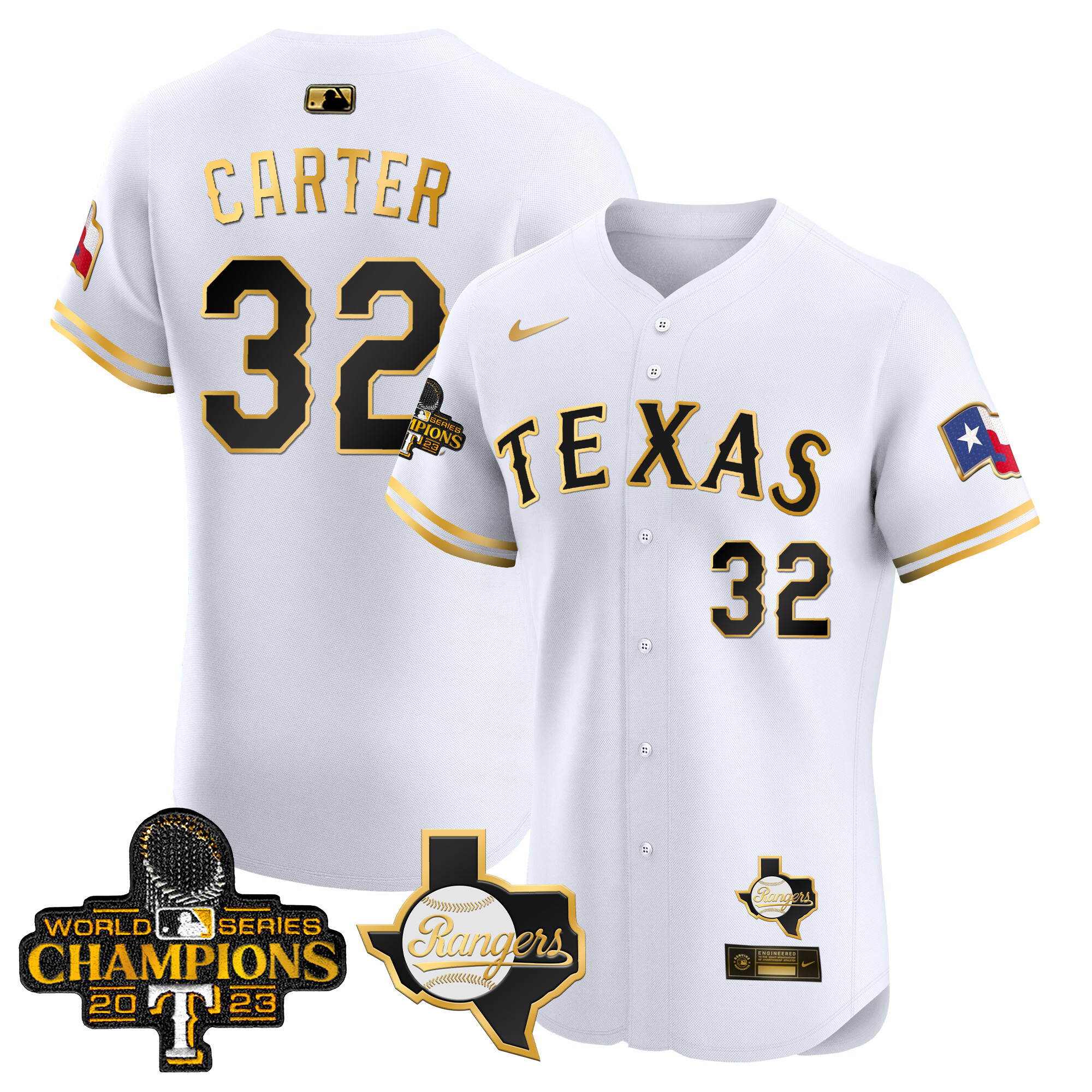 Evan Carter Men's Texas Rangers World Series Champions Vapor Premier Elite V2 White Gold Jersey - All Stitched