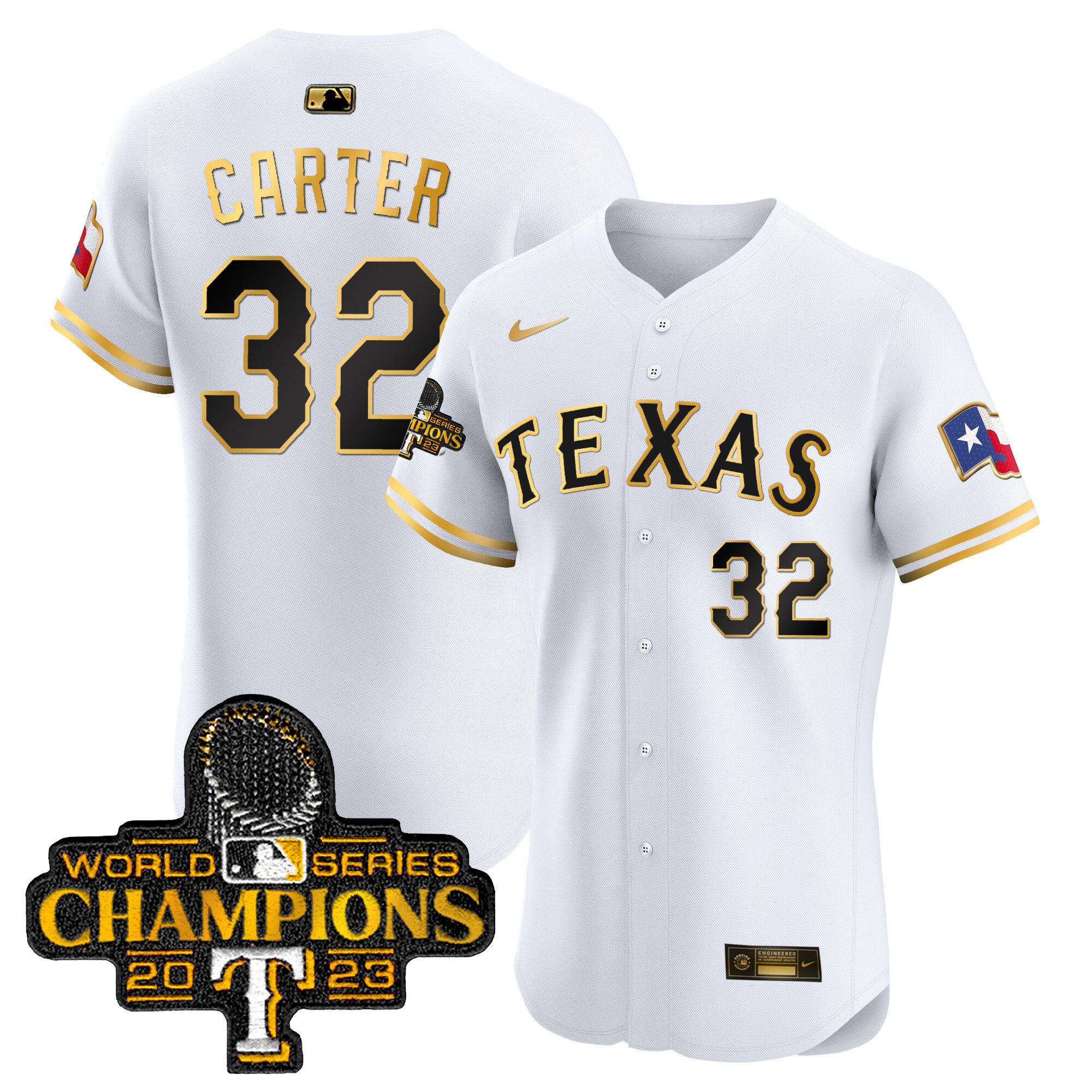 Evan Carter Men's Texas Rangers World Series Champions Vapor Premier Elite White Gold Jersey - All Stitched