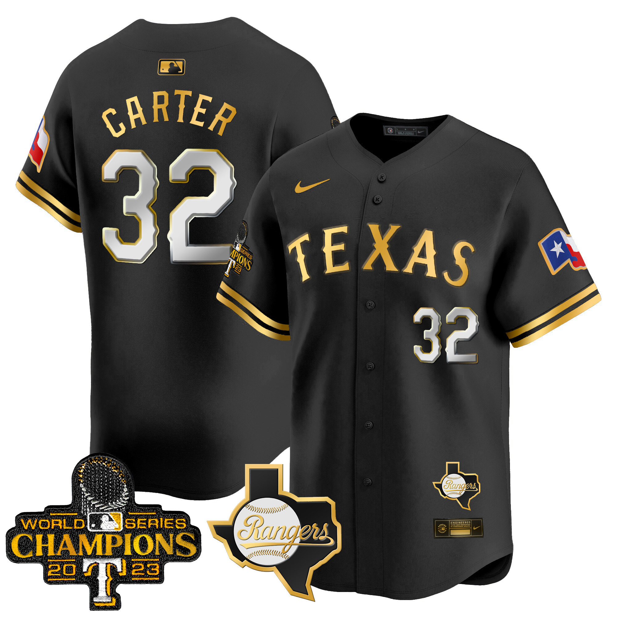 Evan Carter Men's Texas Rangers World Series Champions Vapor Premier Limited V2 Black Gold Jersey - All Stitched