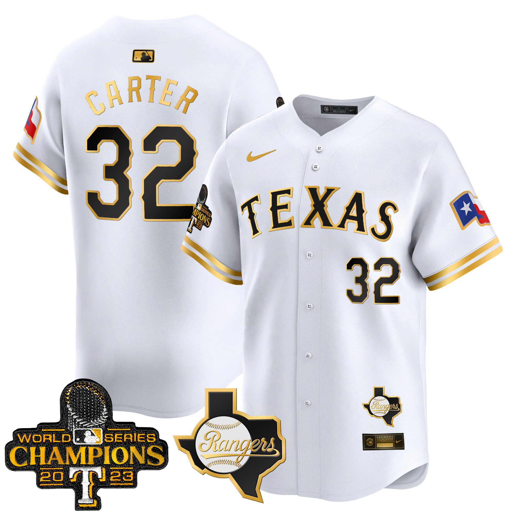 Evan Carter Men's Texas Rangers World Series Champions Vapor Premier Limited V2 White Gold Jersey - All Stitched