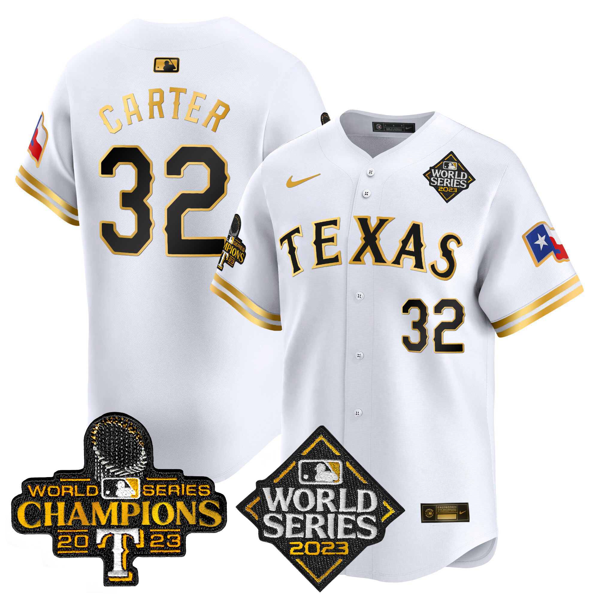 Evan Carter Men's Texas Rangers World Series Champions Vapor Premier Limited V4 White Gold Jersey - All Stitched