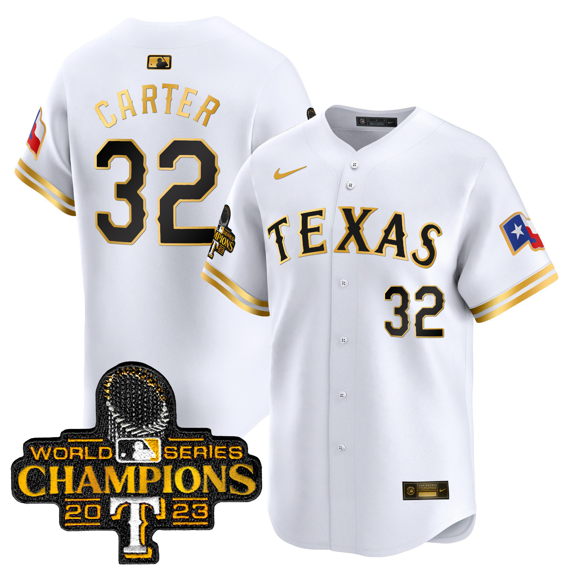 Evan Carter Men's Texas Rangers World Series Champions Vapor Premier Limited White Gold Jersey - All Stitched