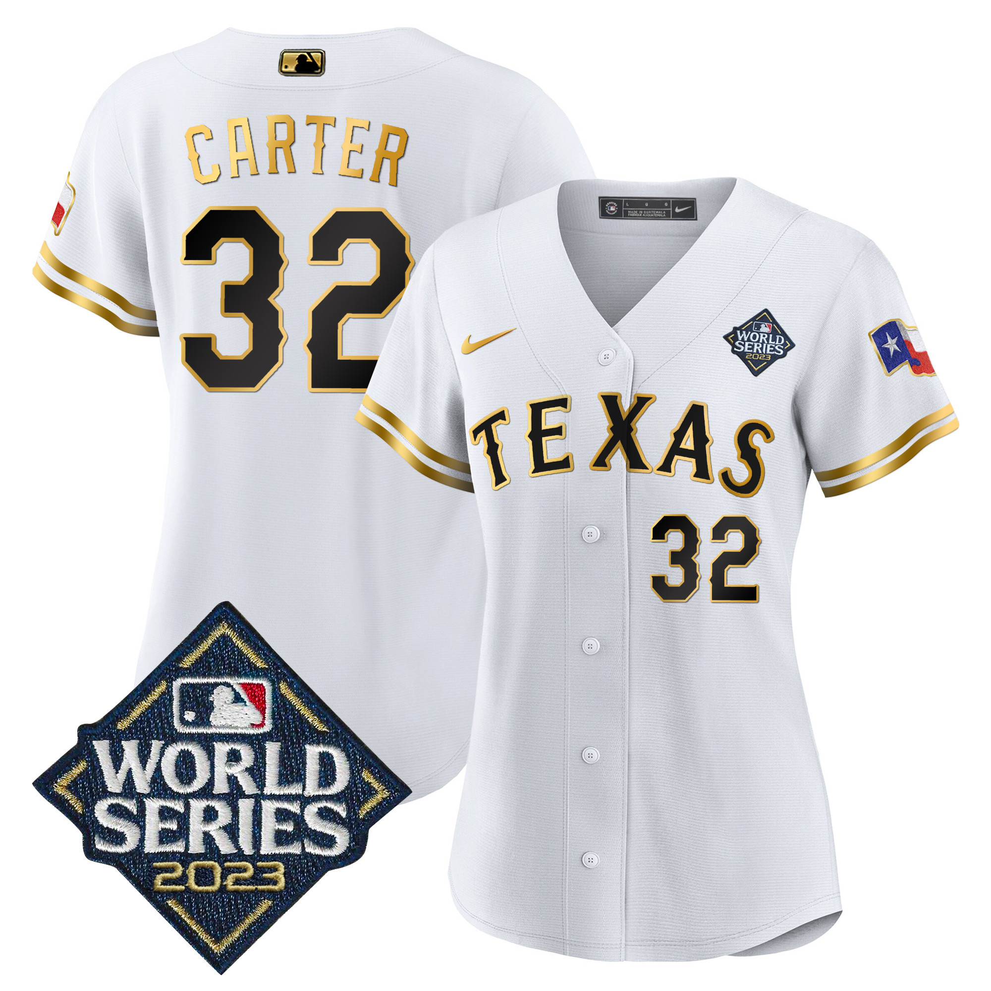 Evan Carter Women's Texas Rangers 2023 World Series Baseball V2 White Gold Jersey - All Stitched