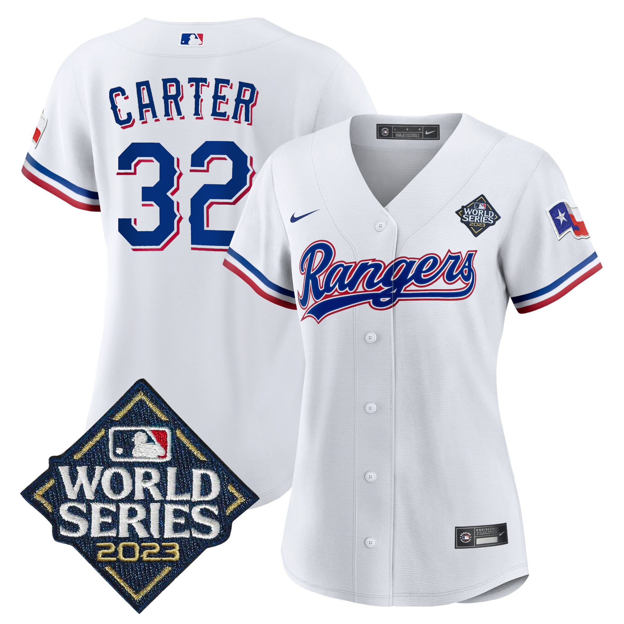 Evan Carter Women's Texas Rangers 2023 World Series Baseball V2 White Jersey - All Stitched