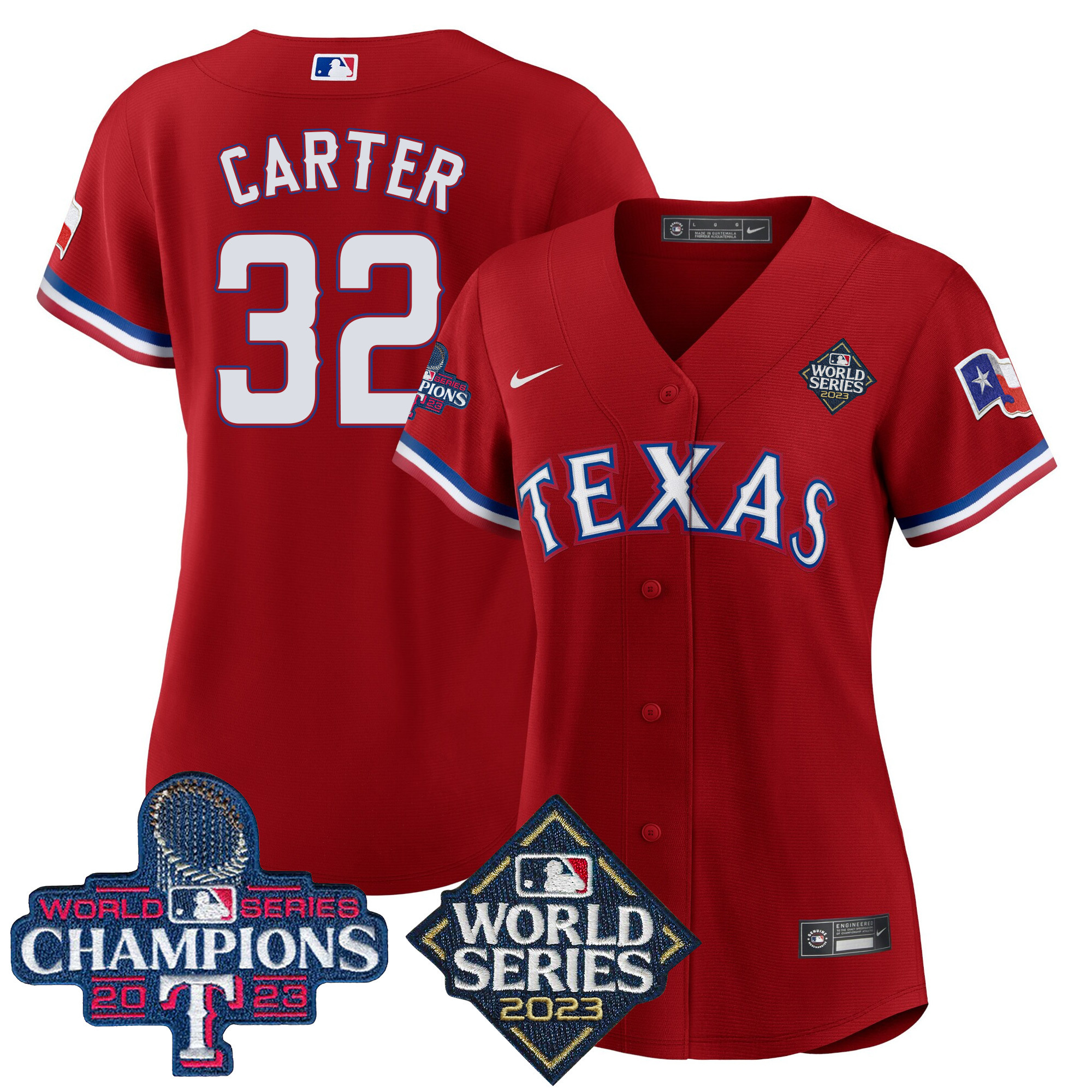 Evan Carter Women's Texas Rangers 2023 World Series Champions Baseball V4 Red Jersey - All Stitched