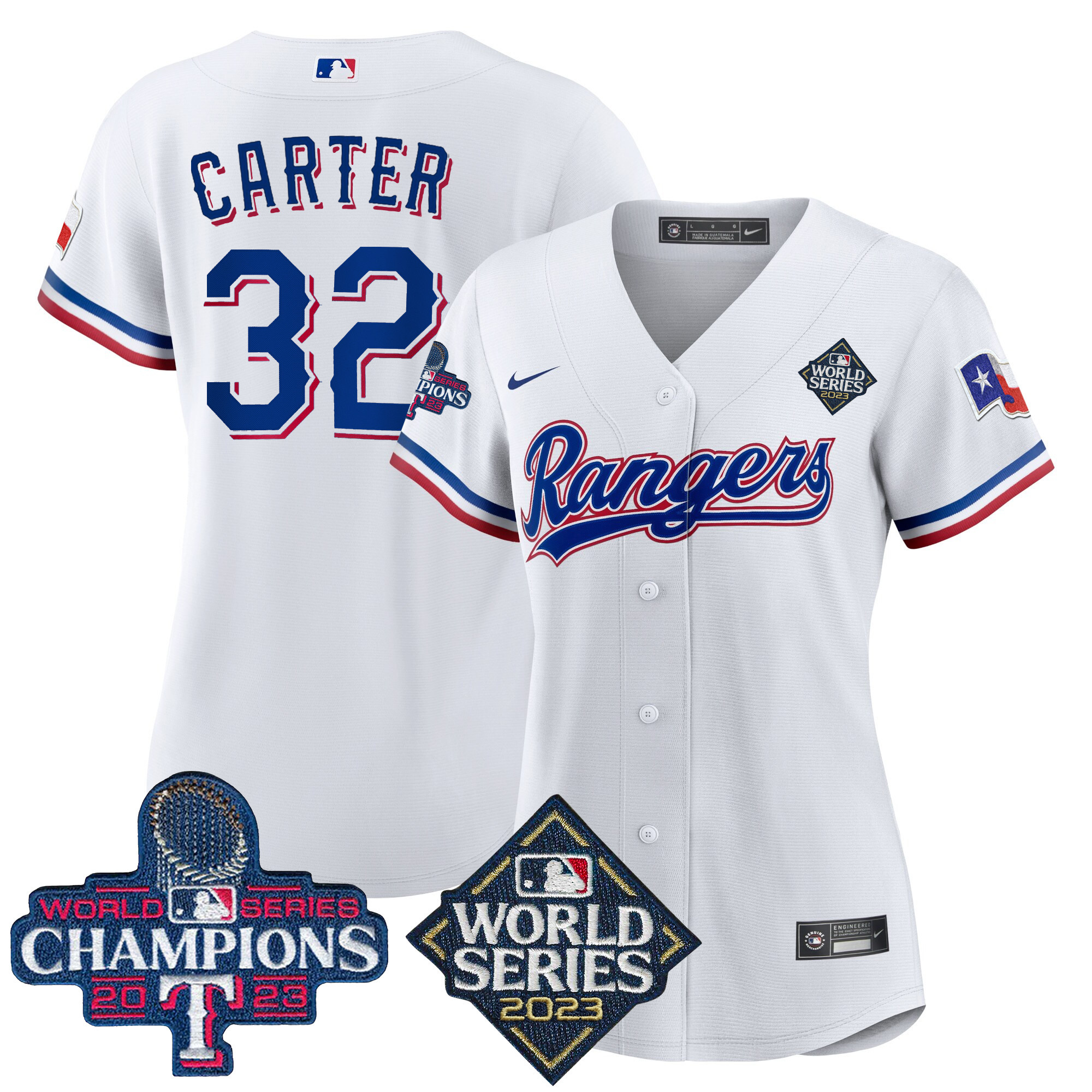 Evan Carter Women's Texas Rangers 2023 World Series Champions Baseball V4 White Jersey - All Stitched