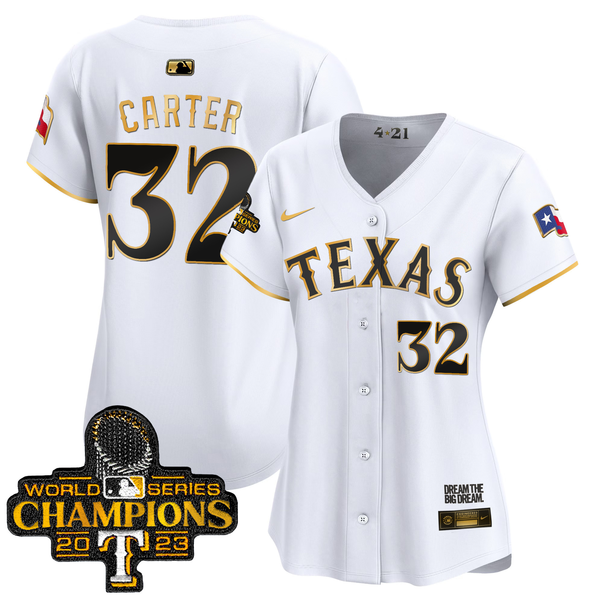 Evan Carter Women's Texas Rangers 2023 World Series Champions City Connect Vapor Premier Limited White Gold Jersey - All Stitched