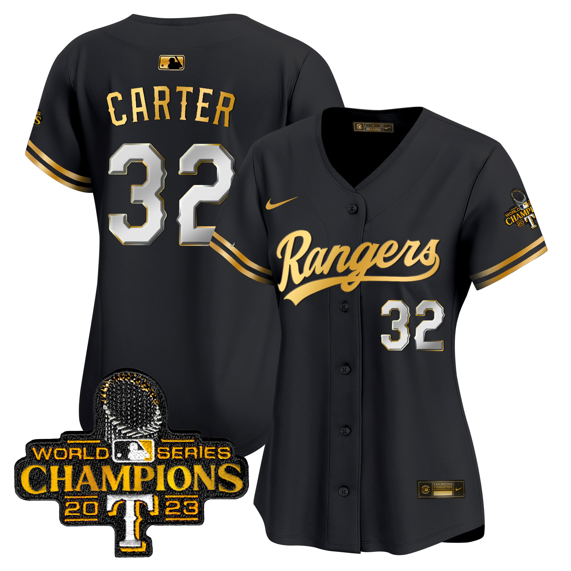 Evan Carter Women's Texas Rangers 2023 World Series Champions Gold Trim Vapor Premier Limited Black Gold Jersey - All Stitched