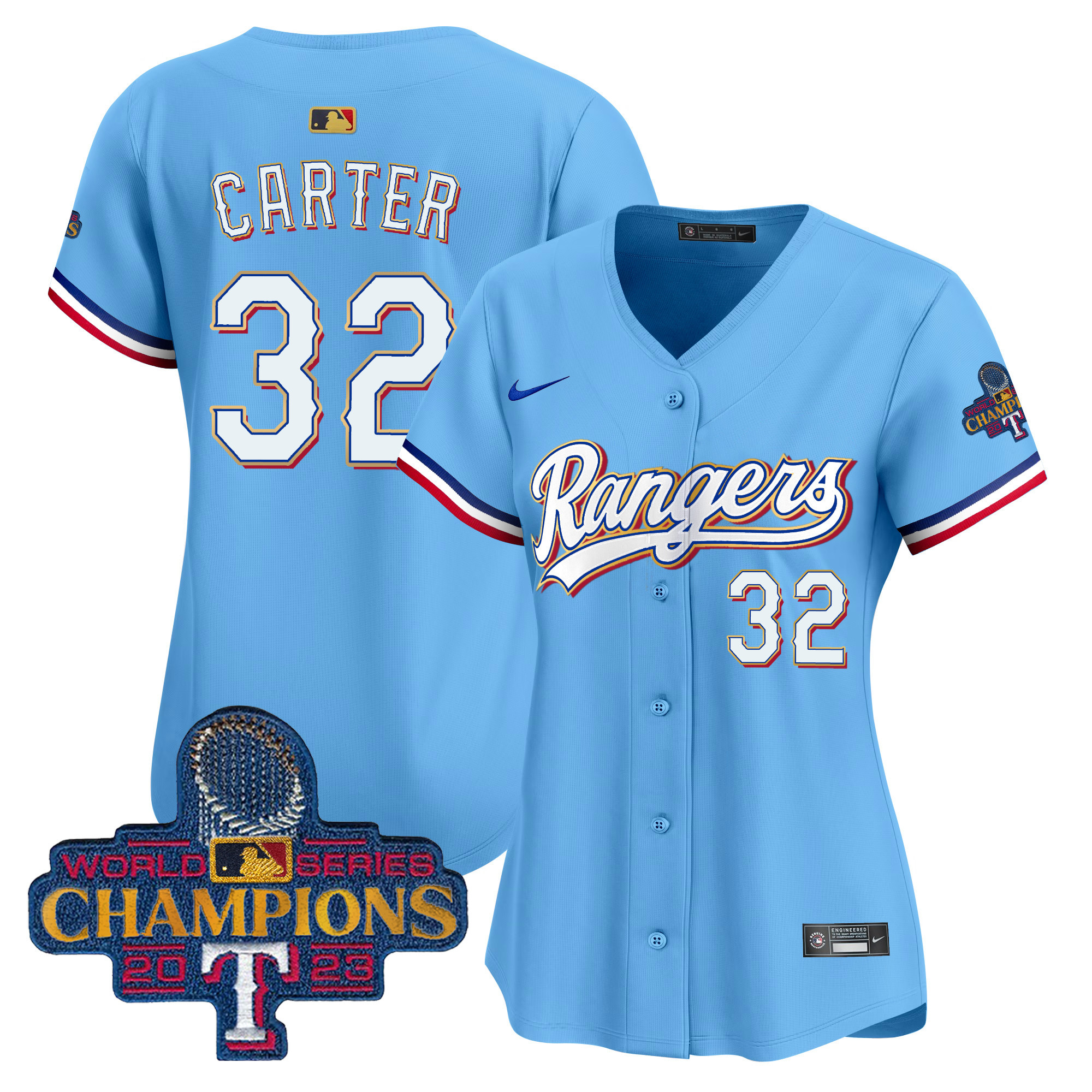 Evan Carter Women's Texas Rangers 2023 World Series Champions Gold Trim Vapor Premier Limited Blue Jersey - All Stitched