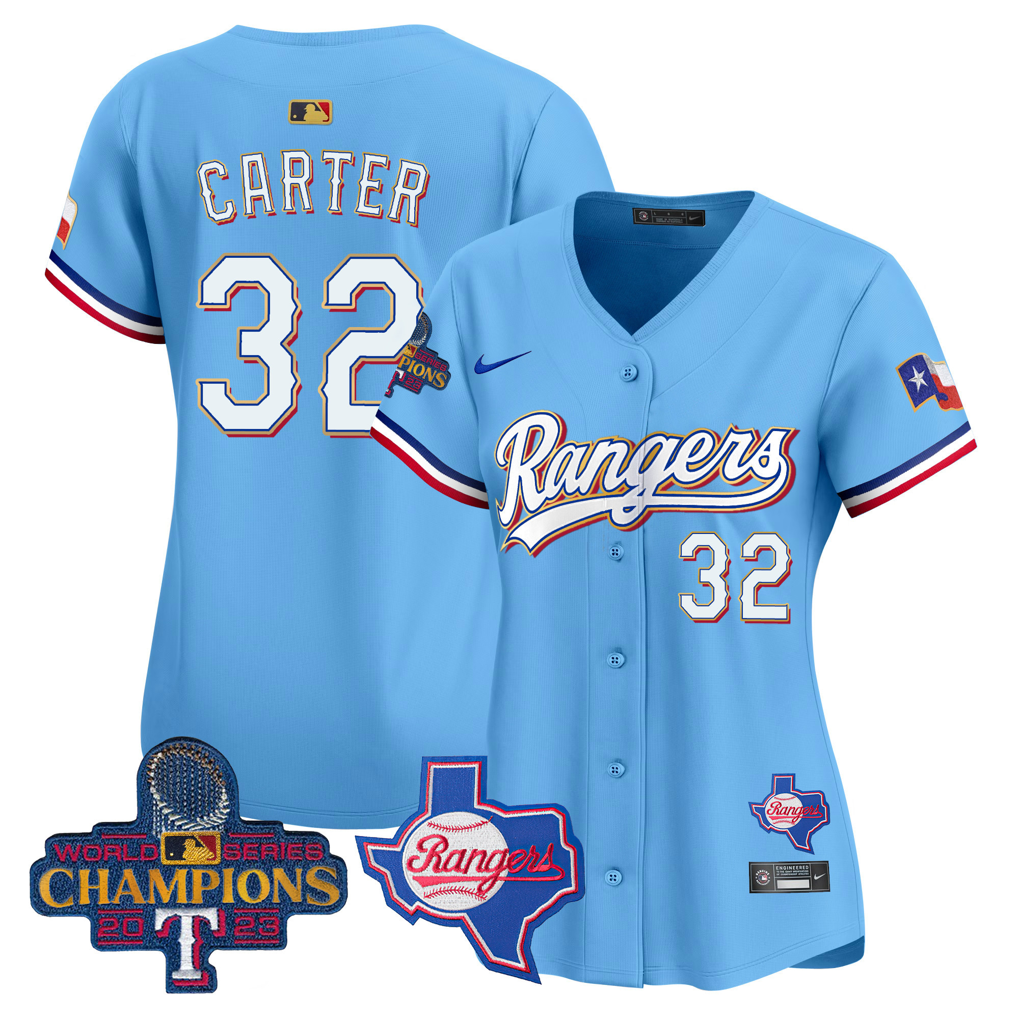 Evan Carter Women's Texas Rangers 2023 World Series Champions Gold Trim Vapor Premier Limited V2 Blue Jersey - All Stitched