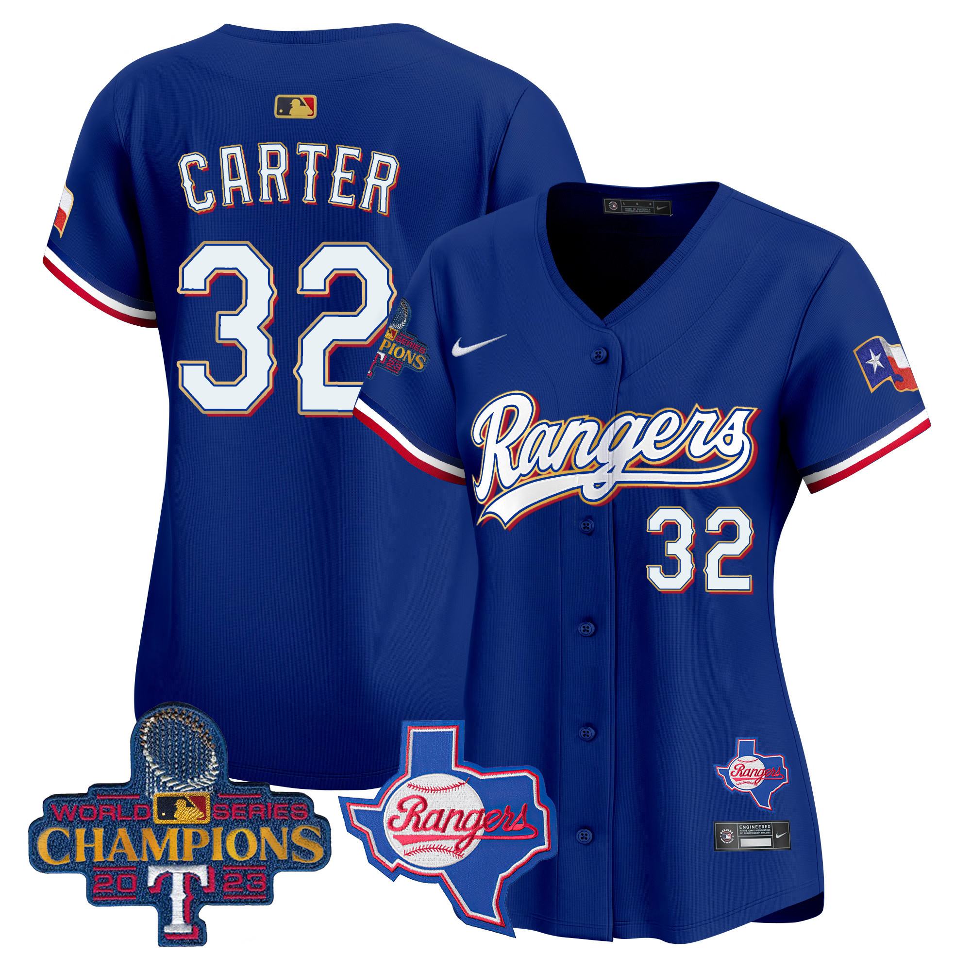 Evan Carter Women's Texas Rangers 2023 World Series Champions Gold Trim Vapor Premier Limited V2 Royal Jersey - All Stitched