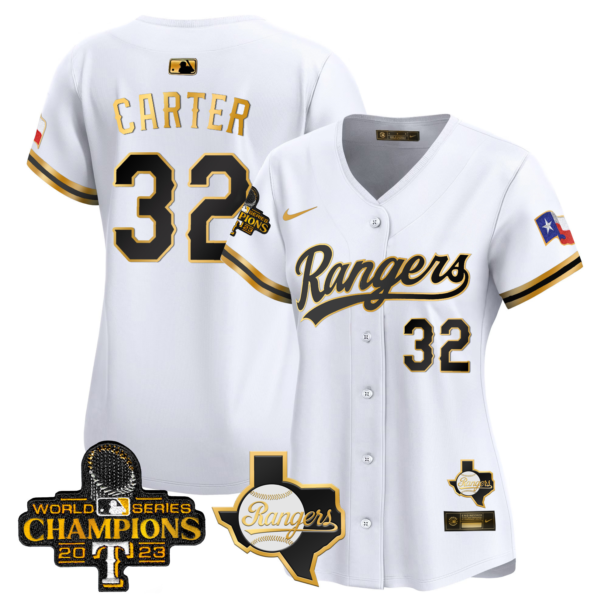 Evan Carter Women's Texas Rangers 2023 World Series Champions Gold Trim Vapor Premier Limited V2 White Gold Jersey - All Stitched