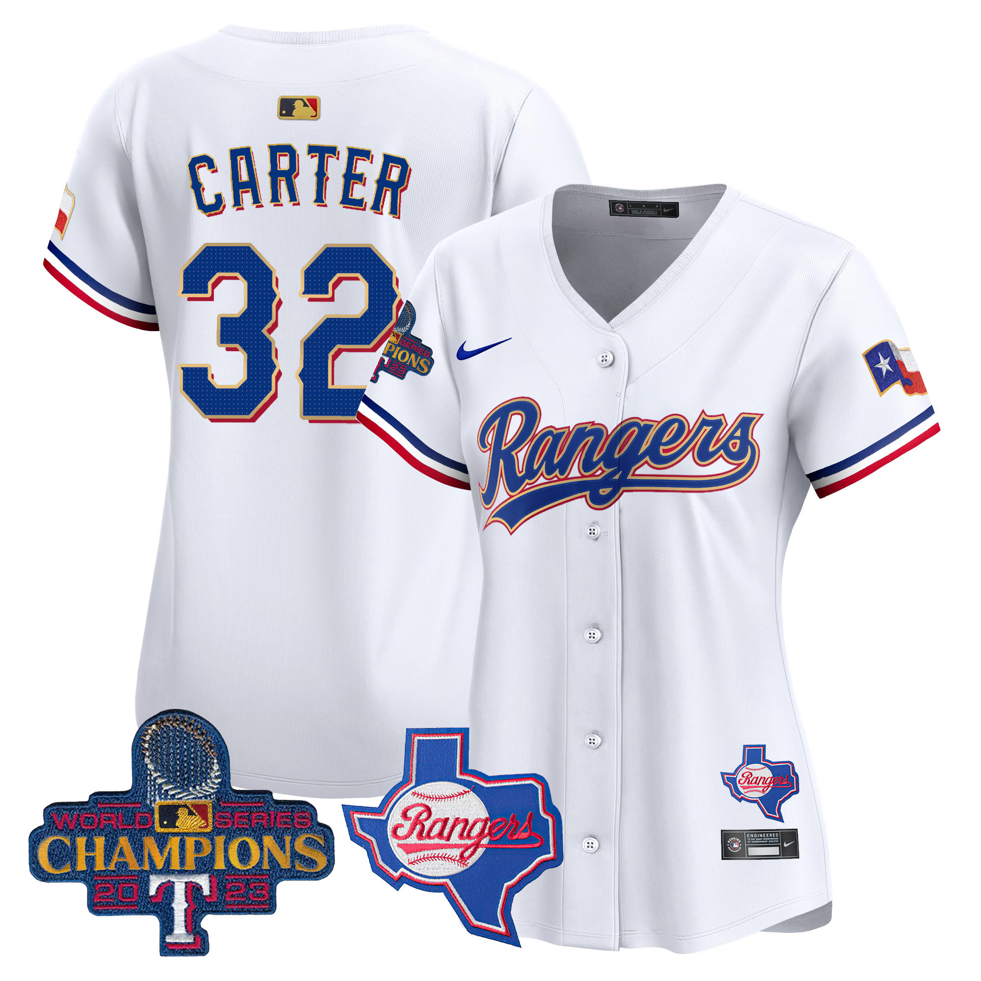 Evan Carter Women's Texas Rangers 2023 World Series Champions Gold Trim Vapor Premier Limited V2 White Jersey - All Stitched