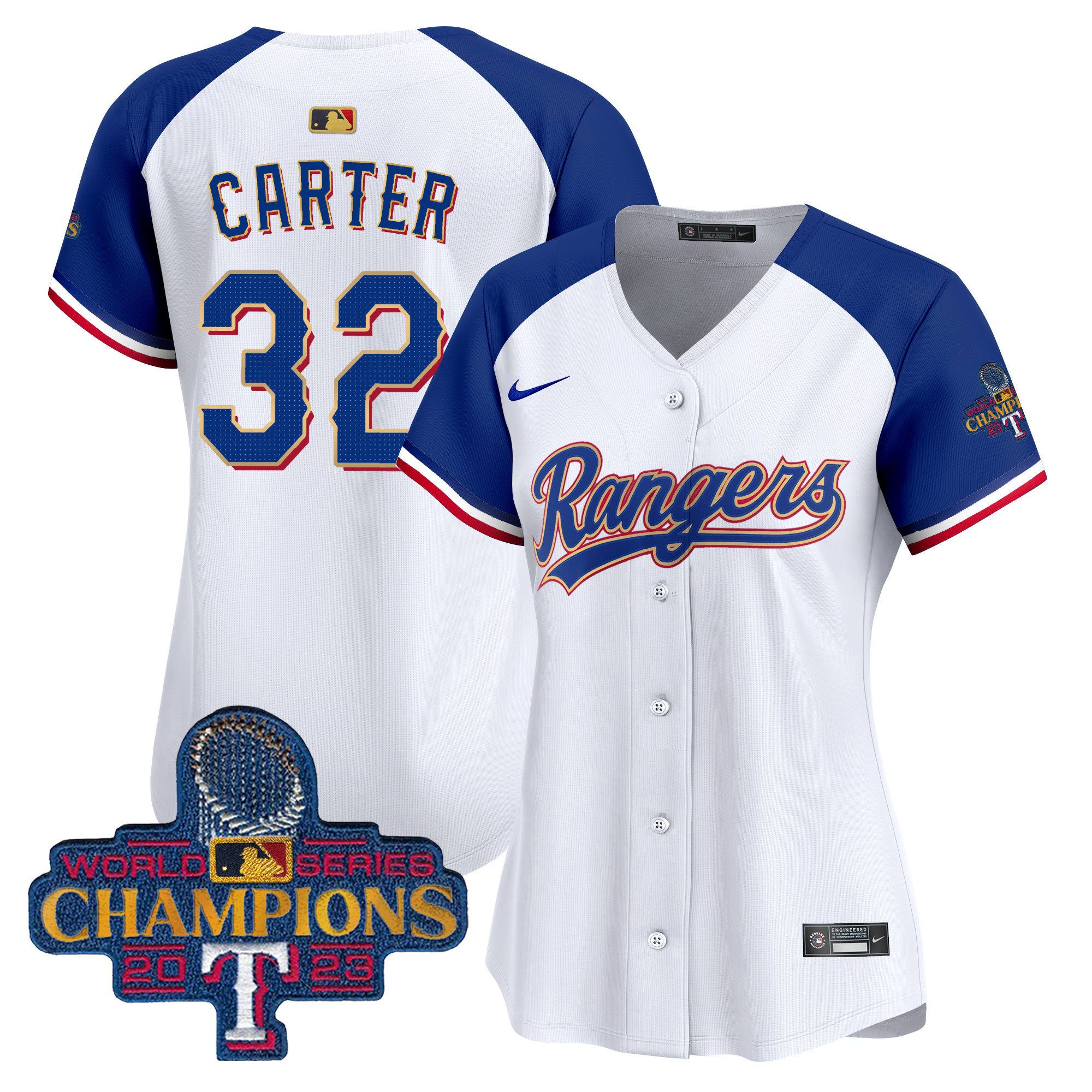 Evan Carter Women's Texas Rangers 2023 World Series Champions Gold Trim Vapor Premier Limited White Alternate Jersey - All Stitched