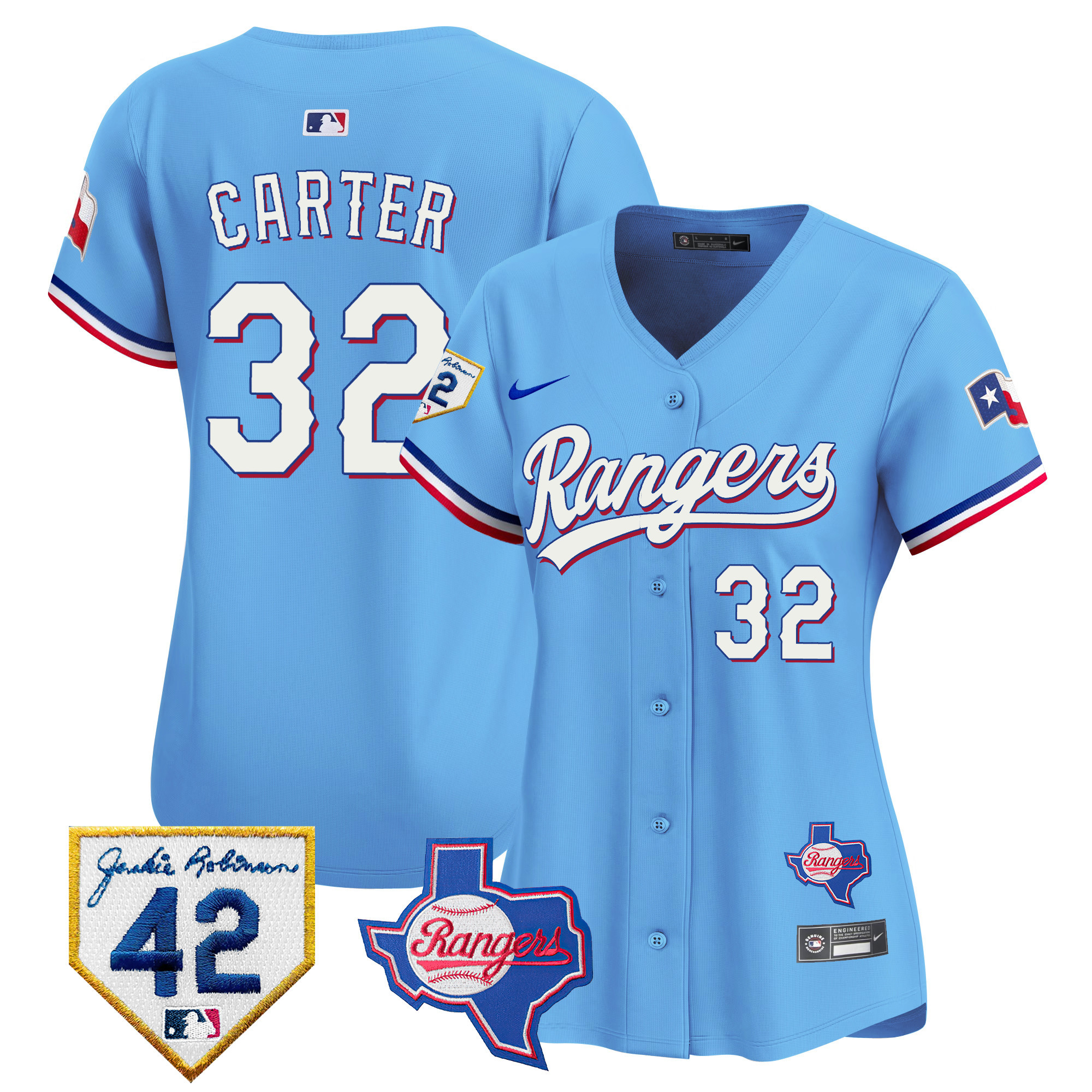 Evan Carter Women's Texas Rangers 2024 Jackie Robinson Patch Vapor Premier Limited Blue Jersey - All Stitched