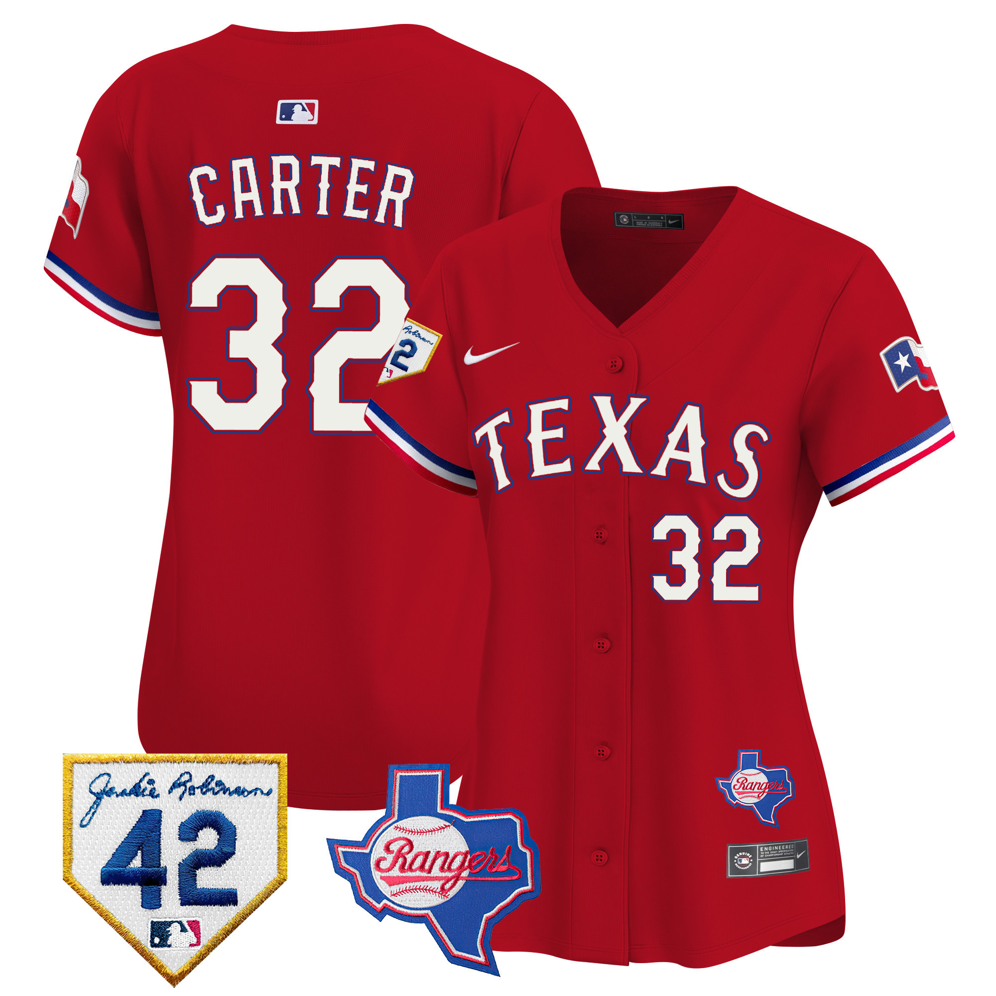 Evan Carter Women's Texas Rangers 2024 Jackie Robinson Patch Vapor Premier Limited Red Jersey - All Stitched
