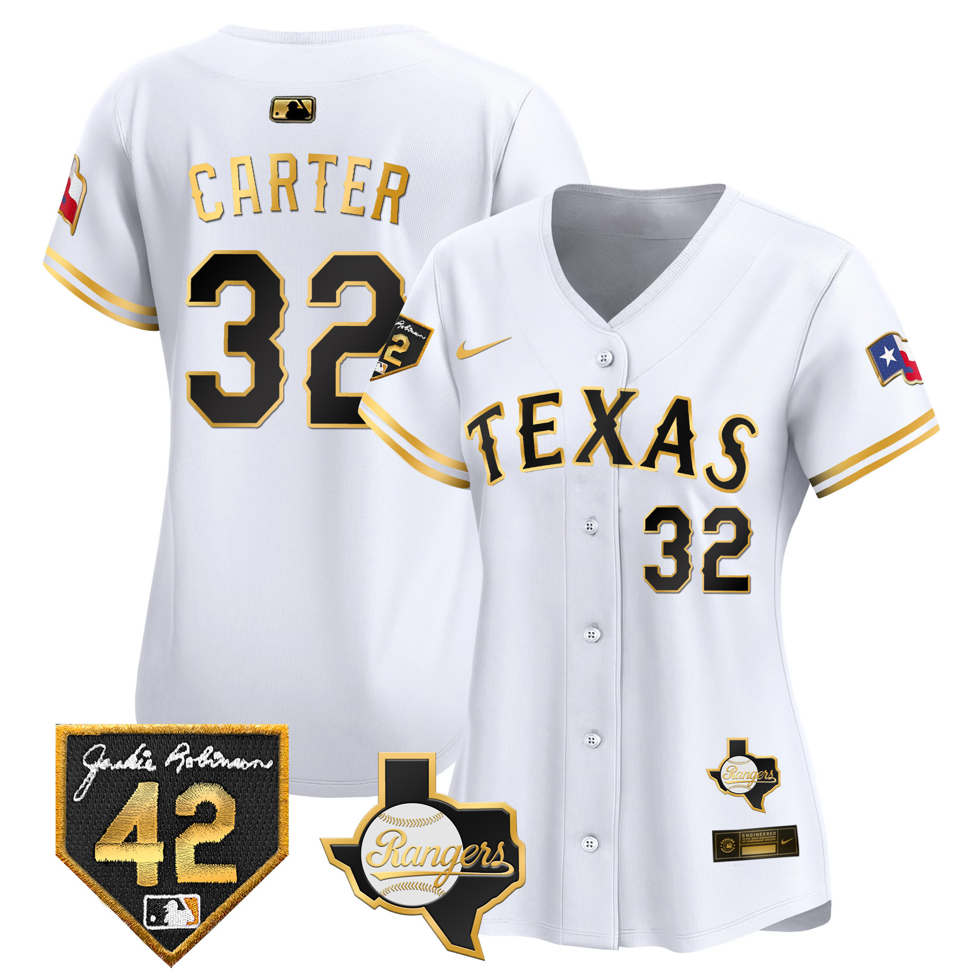 Evan Carter Women's Texas Rangers 2024 Jackie Robinson Patch Vapor Premier Limited White Gold Jersey - All Stitched