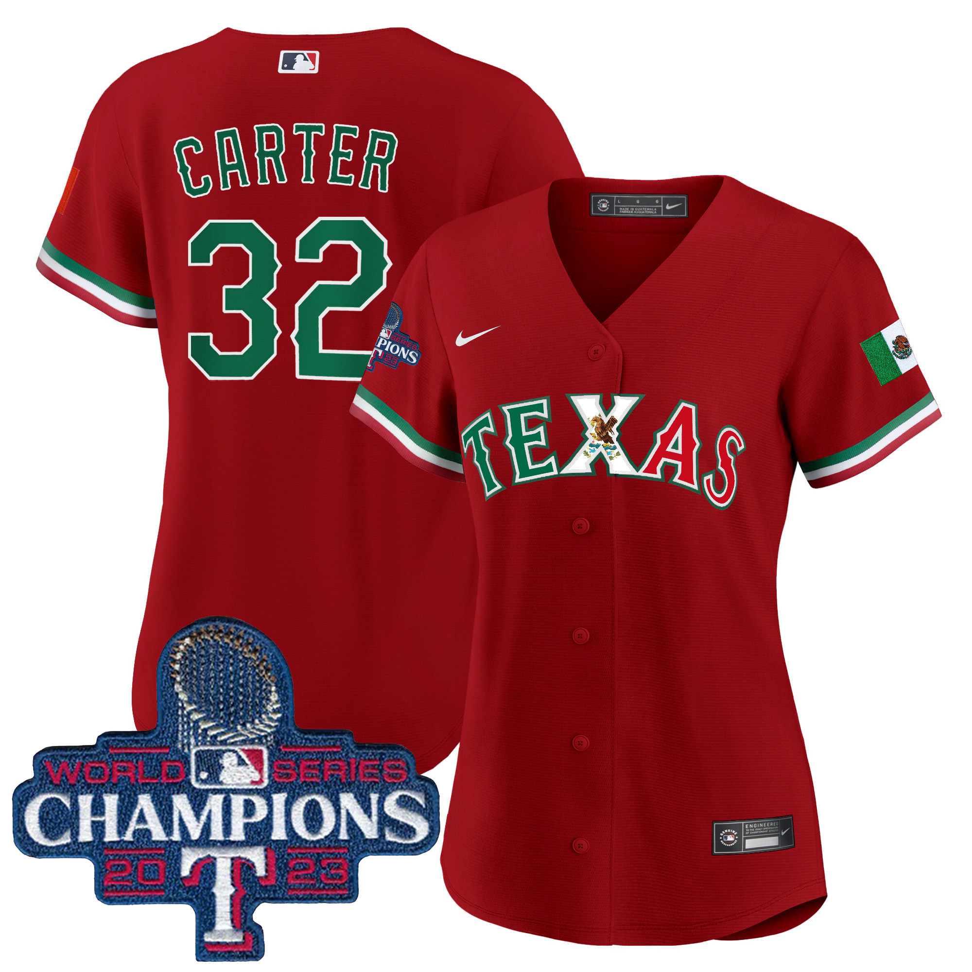 Evan Carter Women's Texas Rangers Mexico 2023 World Series Champions Baseball Red Jersey - All Stitched