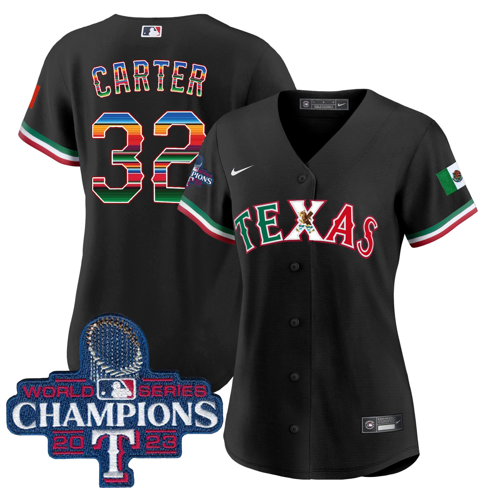 Evan Carter Women's Texas Rangers Mexico 2023 World Series Champions Baseball V2 Black Jersey - All Stitched