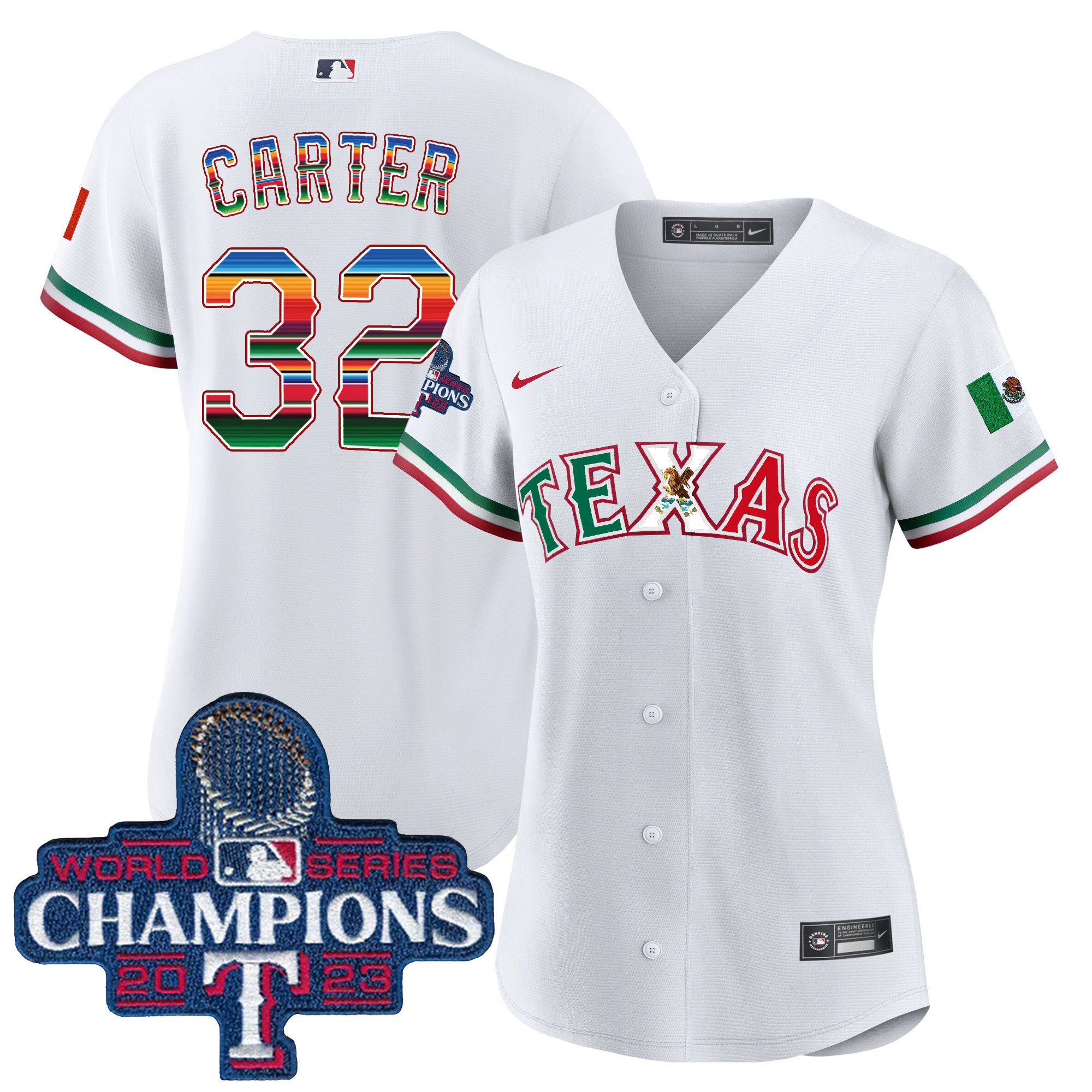 Evan Carter Women's Texas Rangers Mexico 2023 World Series Champions Baseball V2 White Jersey - All Stitched
