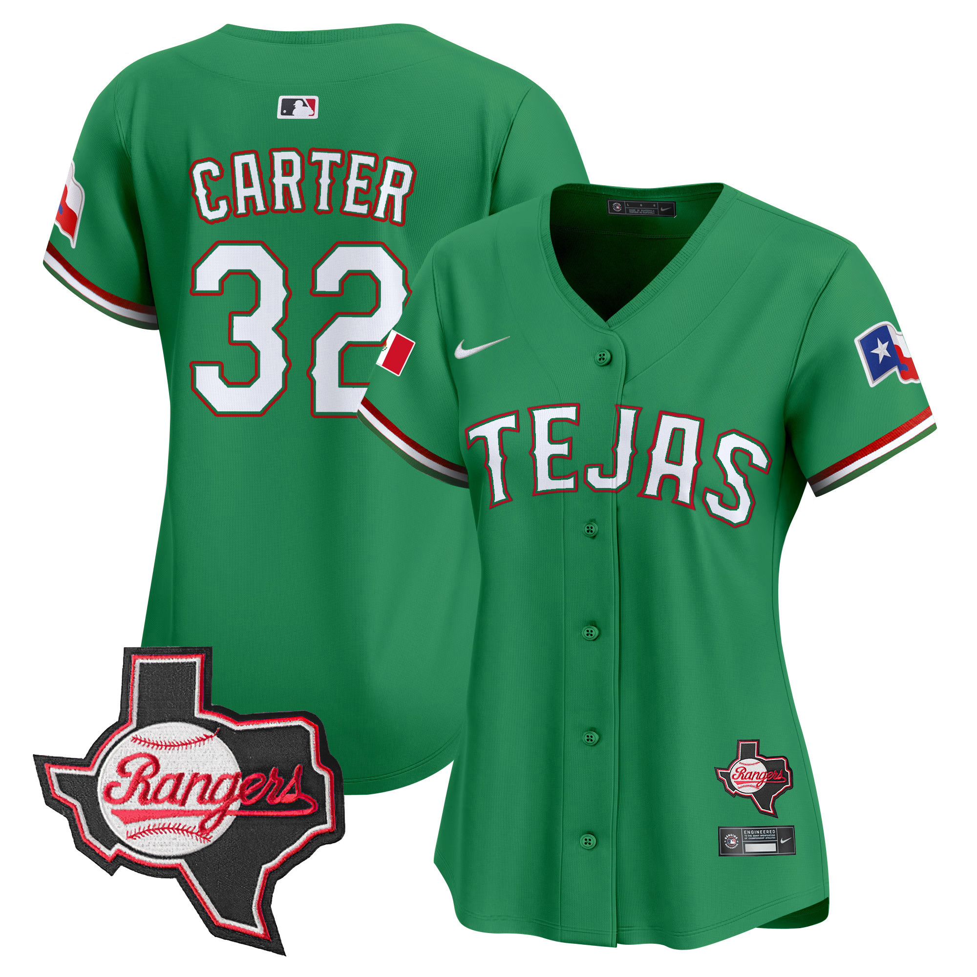 Evan Carter Women's Texas Rangers Mexico Texas Patch Vapor Premier Limited Green Jersey - All Stitched