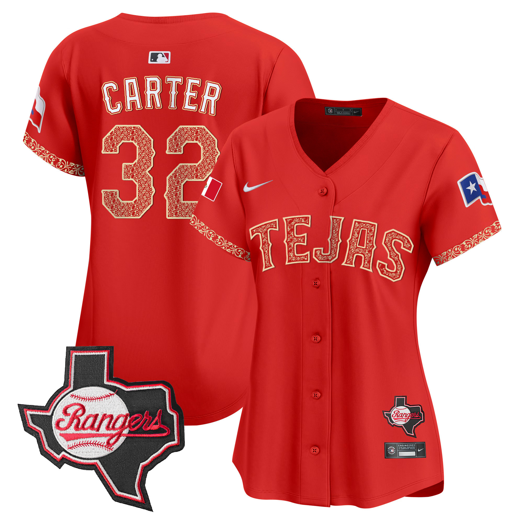 Evan Carter Women's Texas Rangers Mexico Texas Patch Vapor Premier Limited Red Jersey - All Stitched