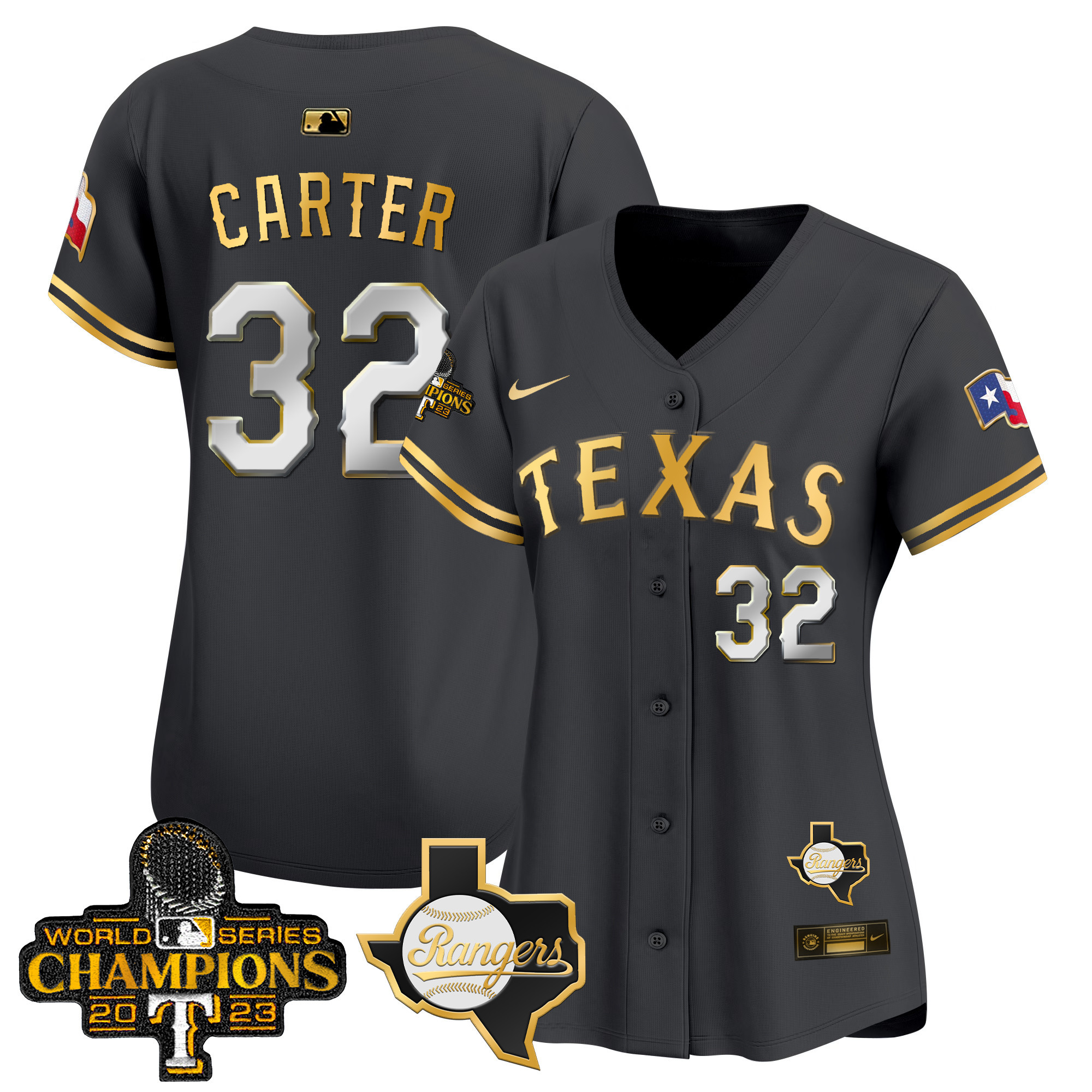 Evan Carter Women's Texas Rangers World Series Champions Vapor Premier Limited V2 Black Gold Jersey - All Stitched