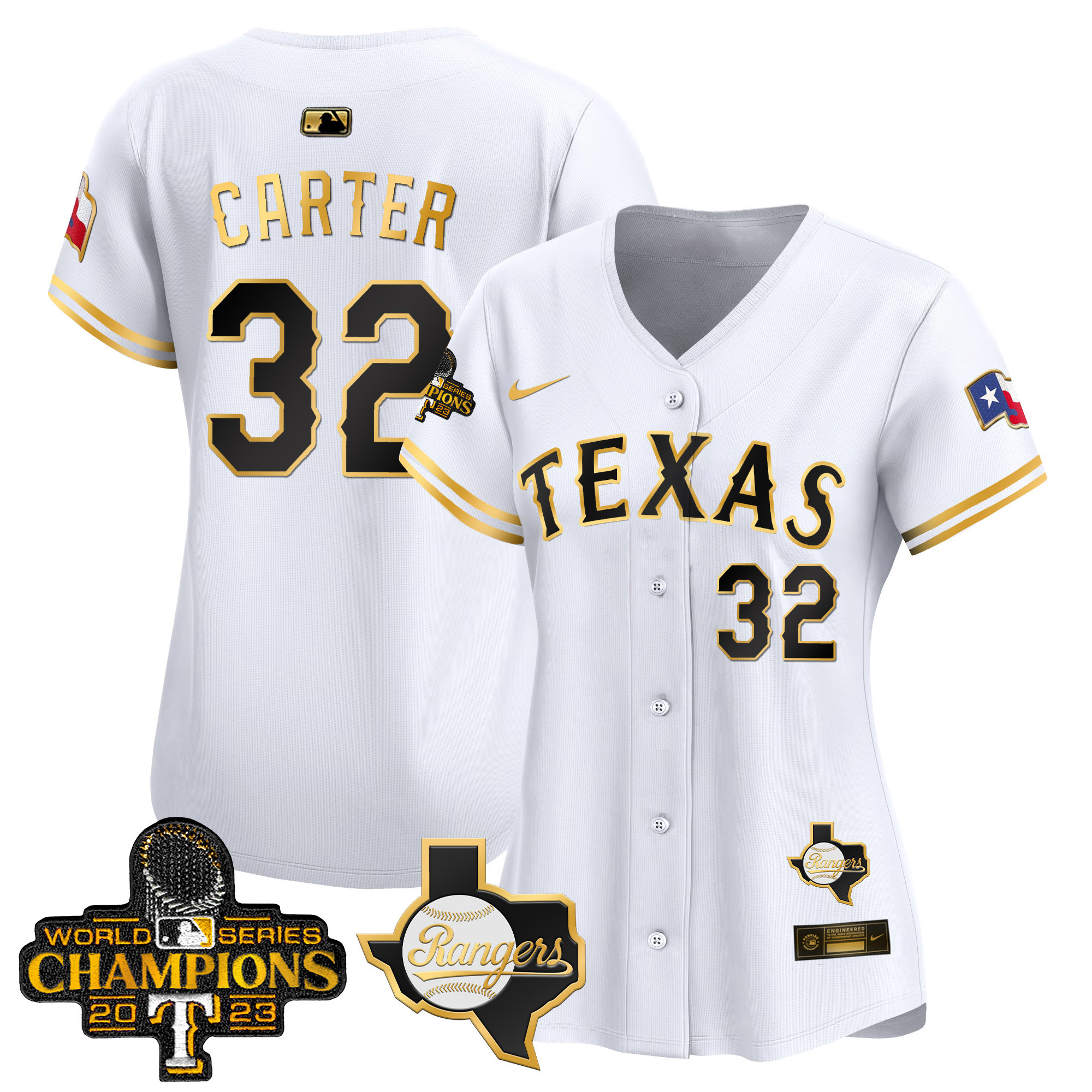 Evan Carter Women's Texas Rangers World Series Champions Vapor Premier Limited V2 White Gold Jersey - All Stitched