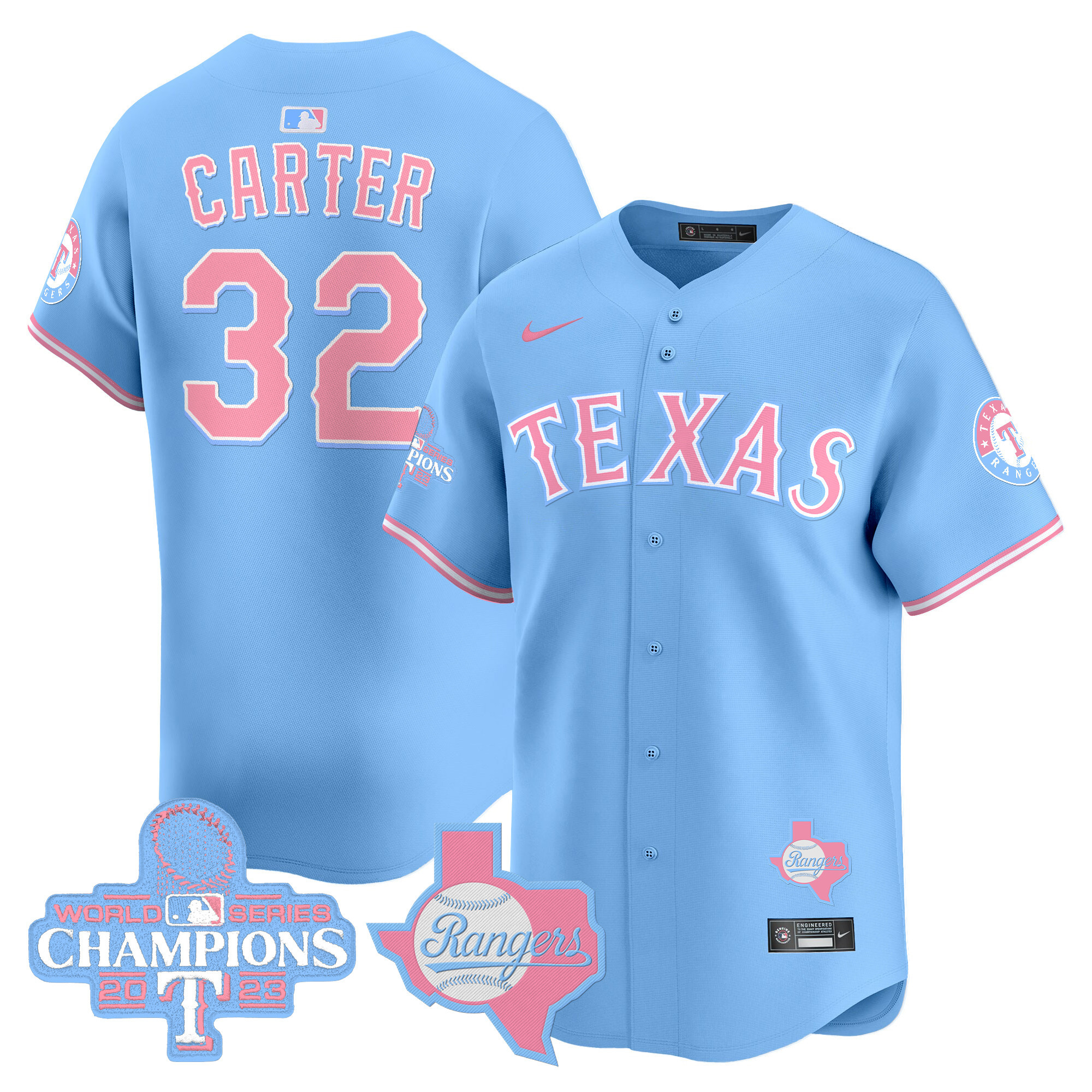 Evan CarterUnisex Texas Rangers Bubblegum Pink Vapor Premier Limited Light Blue Jersey - All Stitched