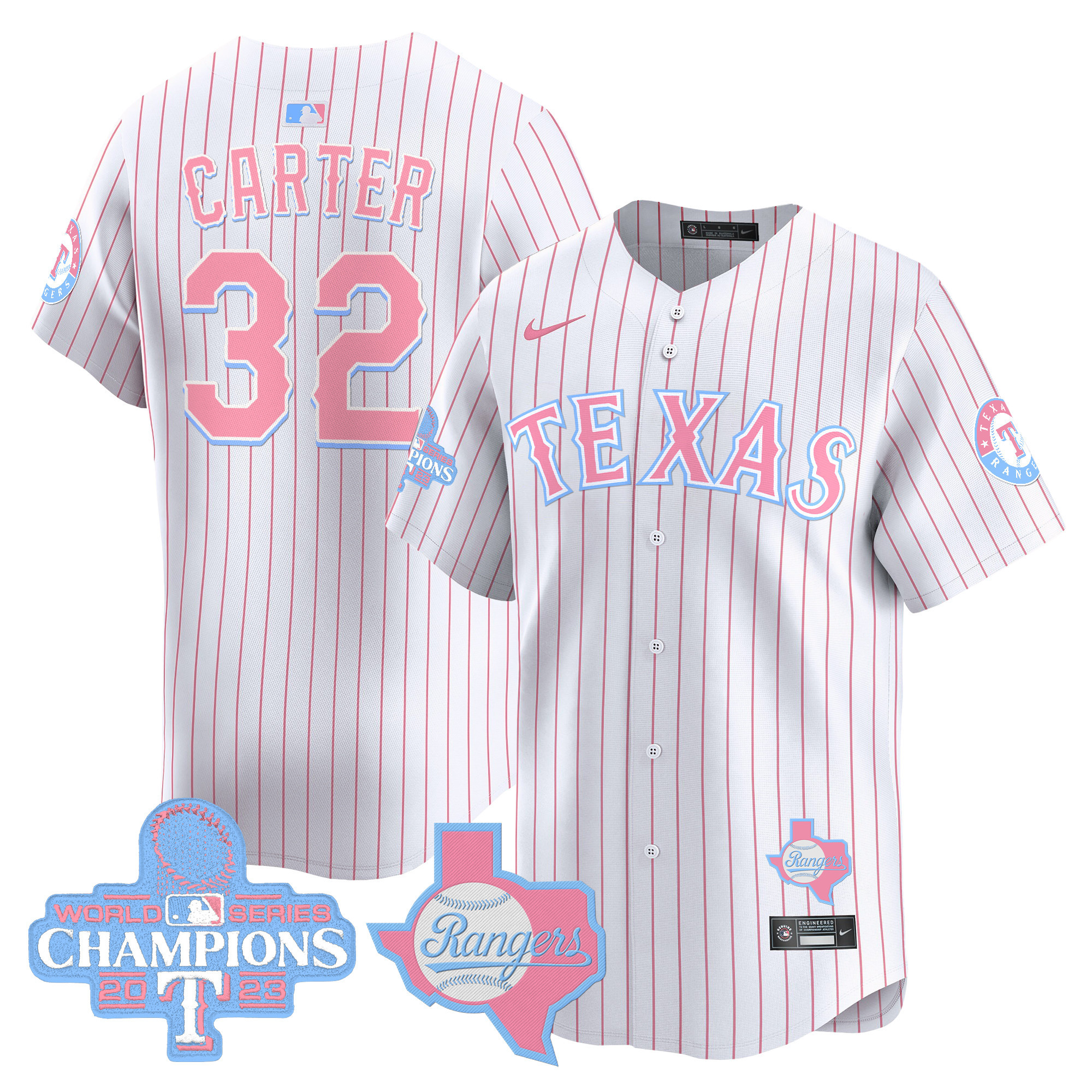 Evan CarterUnisex Texas Rangers Bubblegum Pink Vapor Premier Limited Pinstripe Jersey - All Stitched