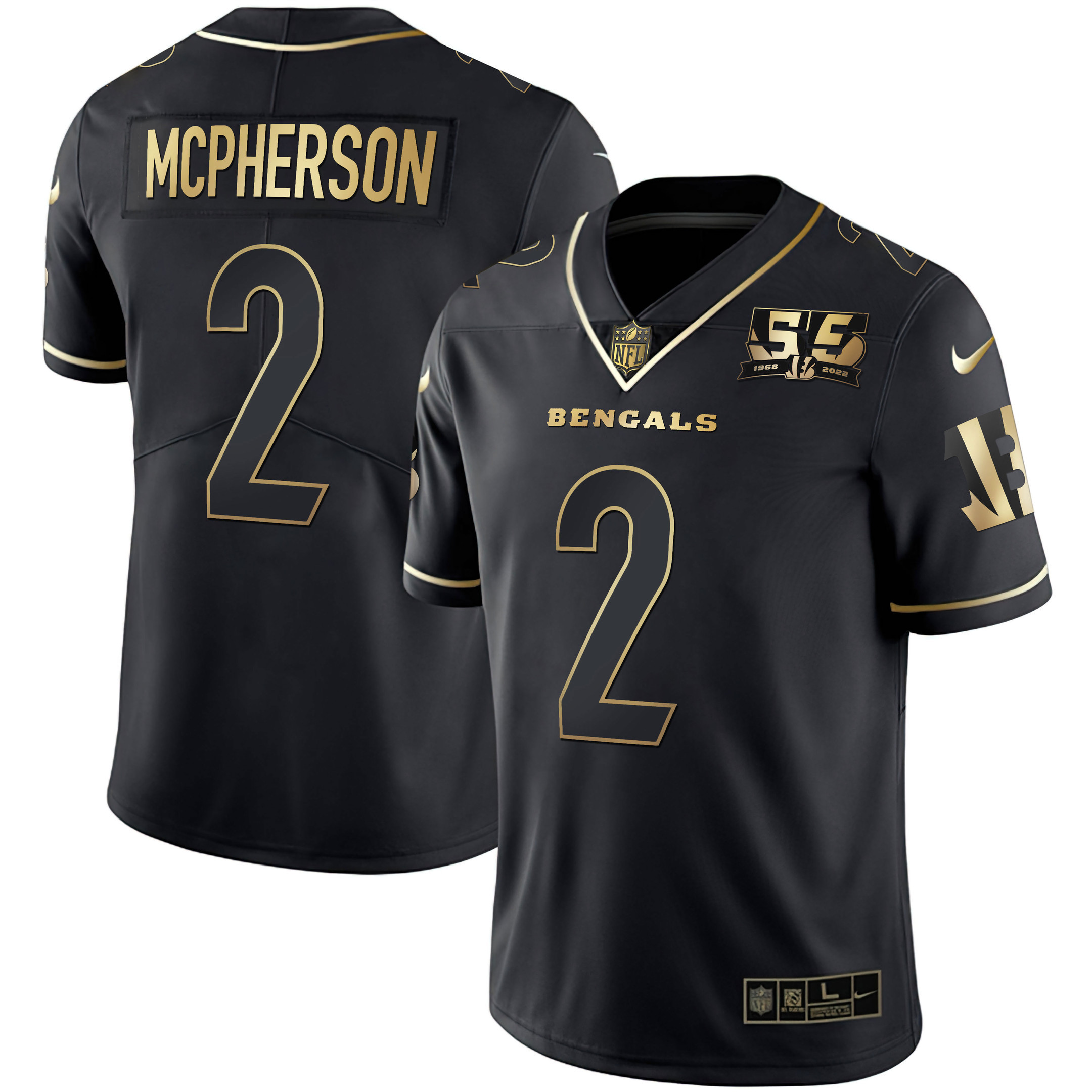 Evan McPherson Men's Cincinnati Bengals 55th 1968 - 2022 Anniversary Patch White Gold & Black Gold Black Gold Jersey - All Stitched 